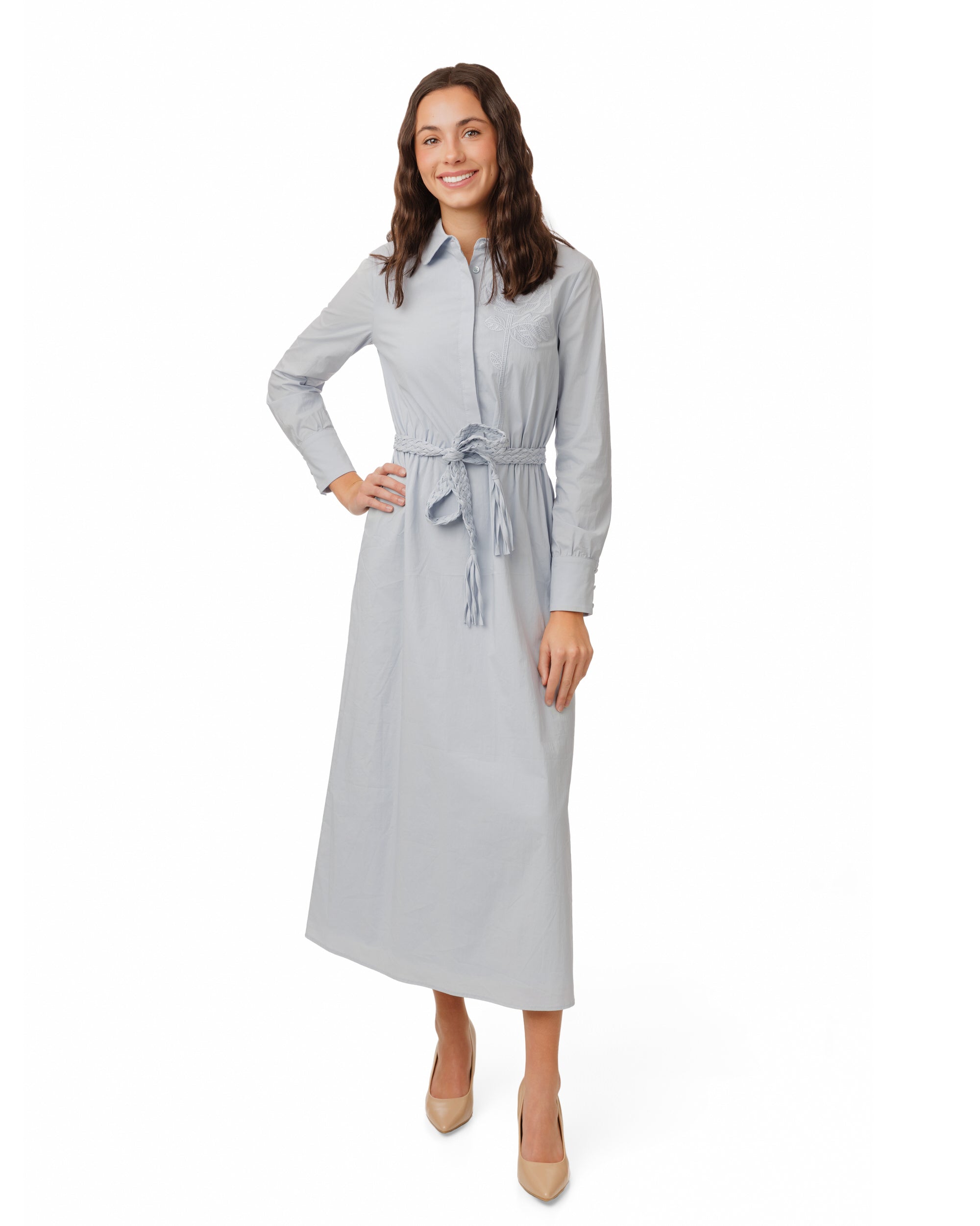 Cotton Slate Blue Belted Dress