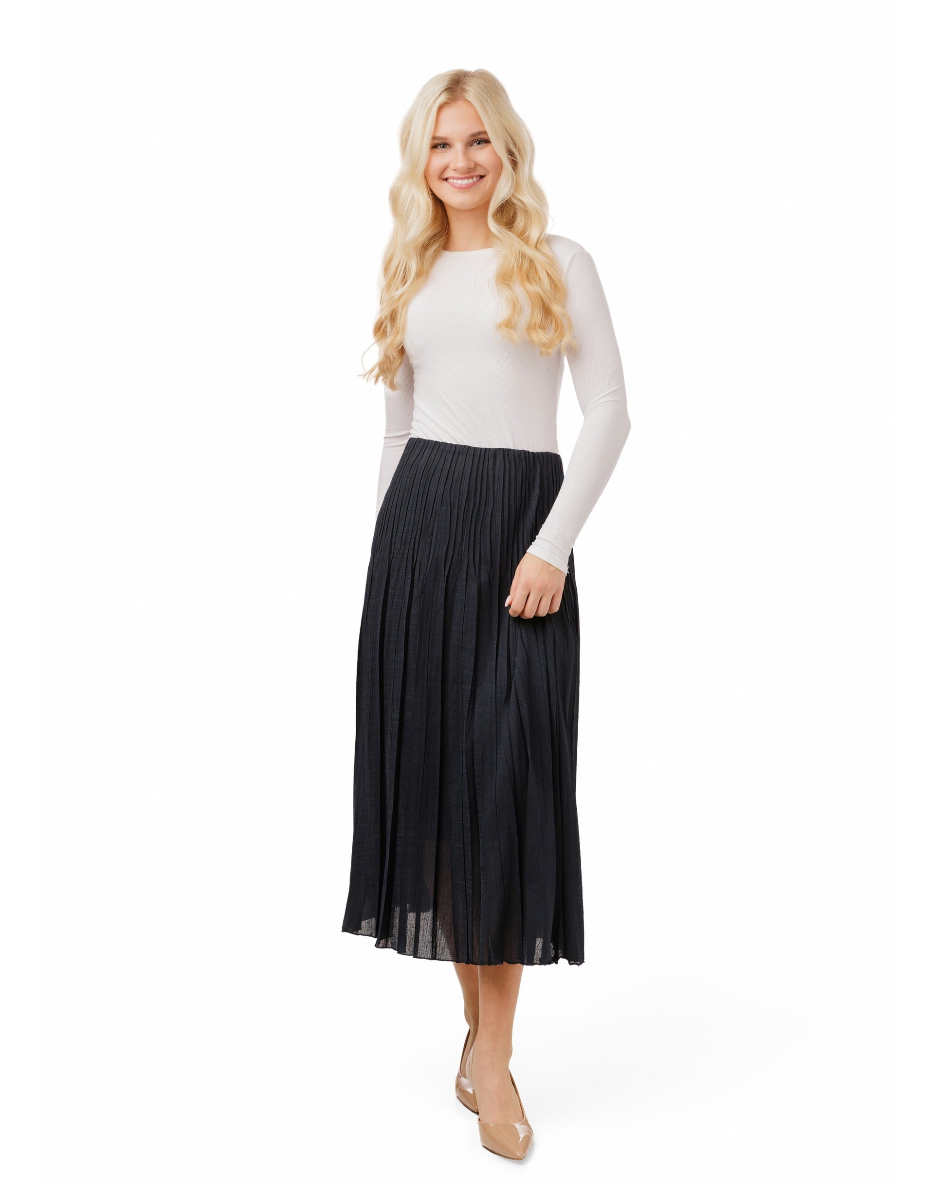Pleated Chiffon Skirt - Dark Blue