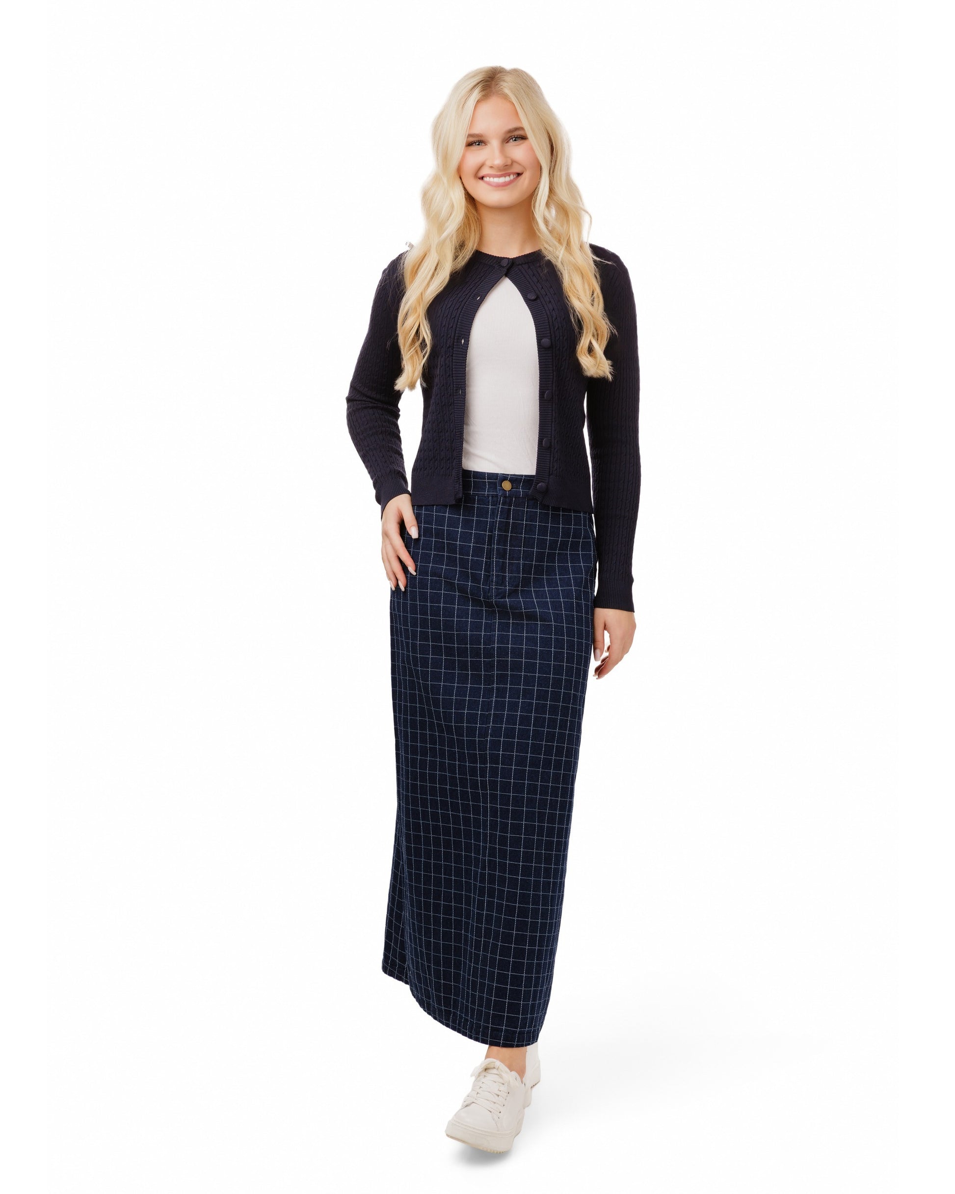 Windowpane Denim Skirt