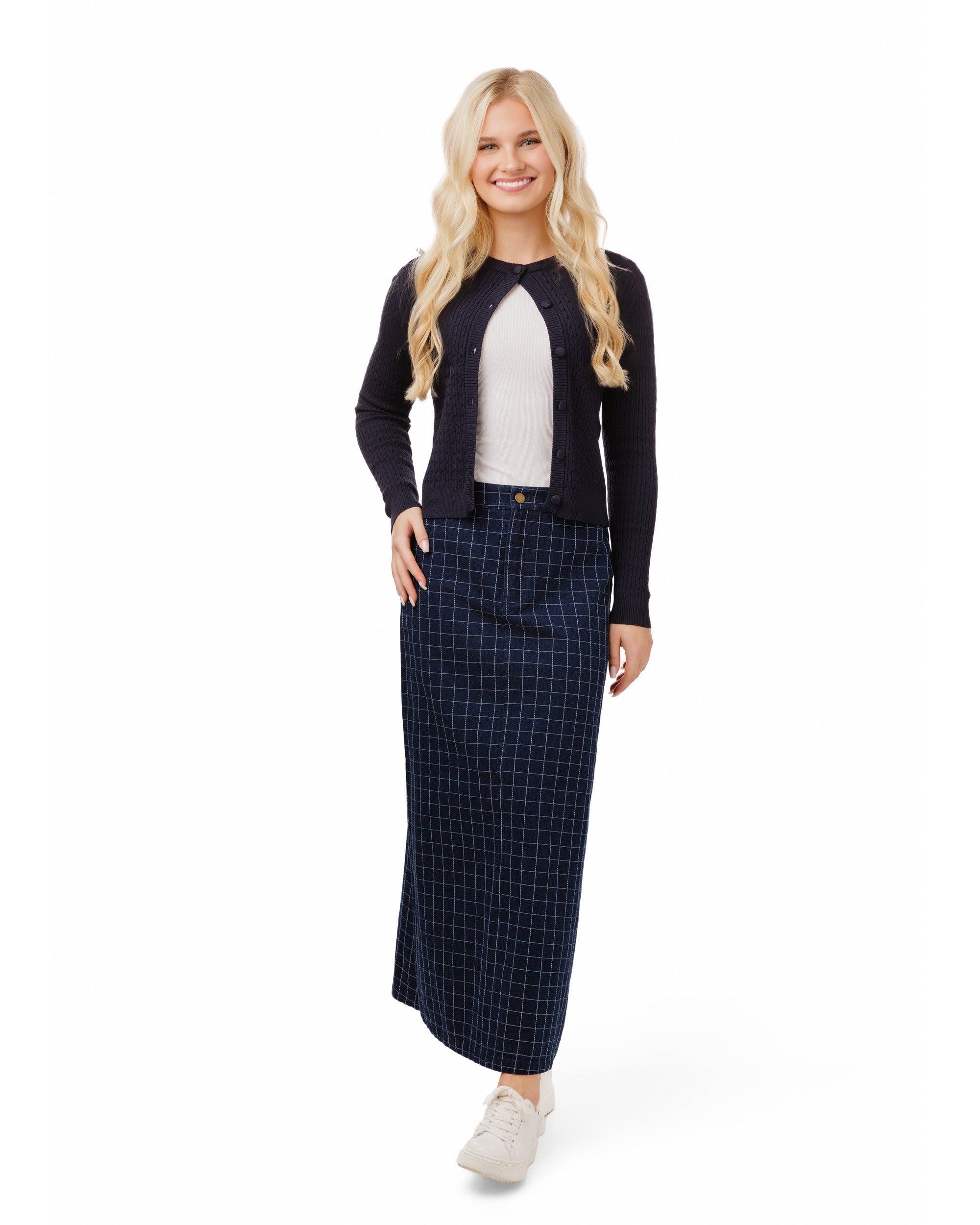 Windowpane Denim Skirt