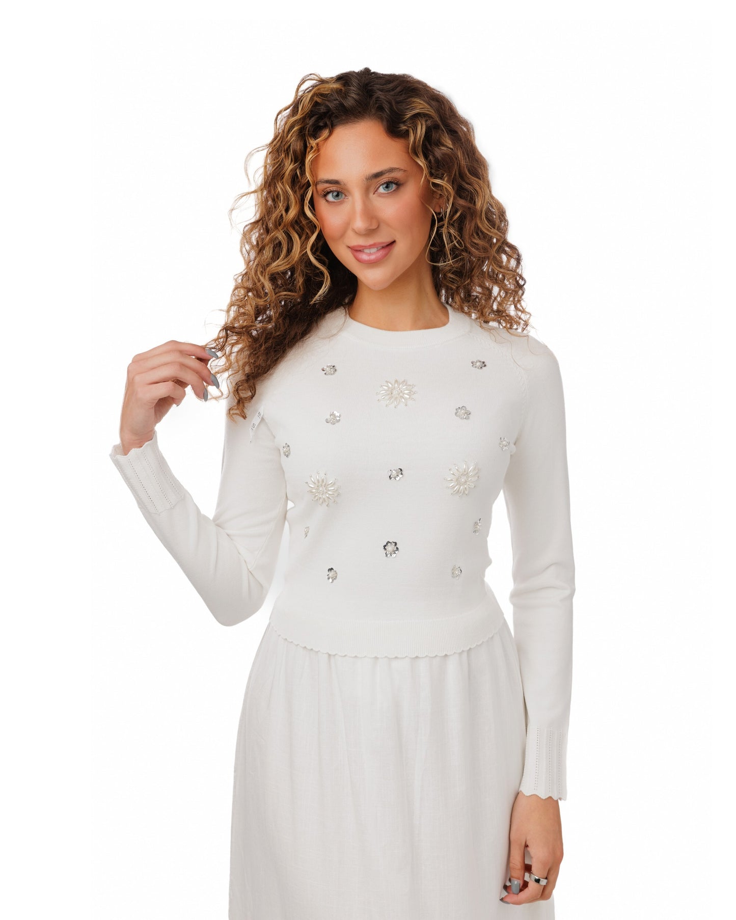 White Knit Top With Beading Detail