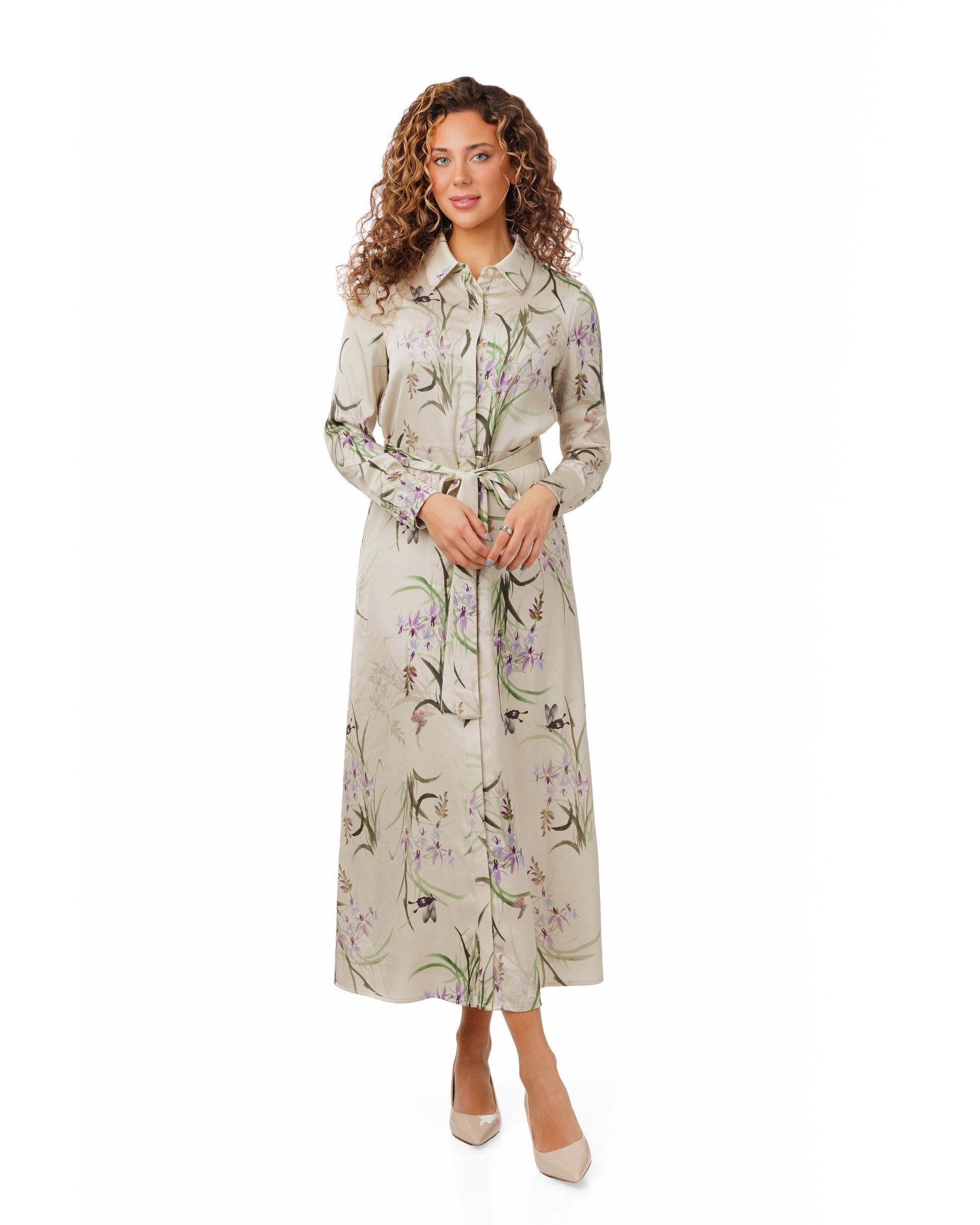 Floral Button-Front Dress With A Soft Drape And Tie Waist.