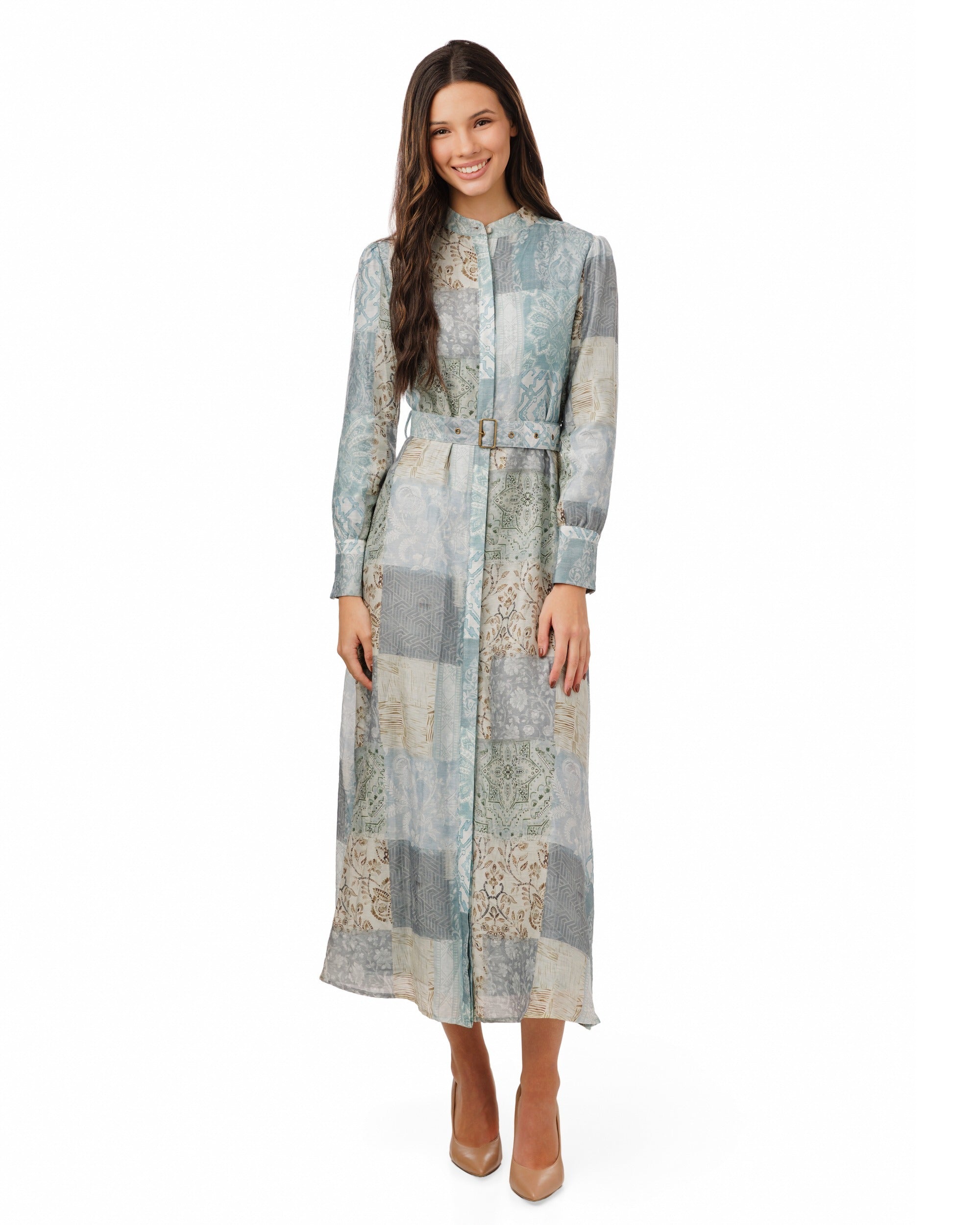 Blue Patchwork Dress With Belt
