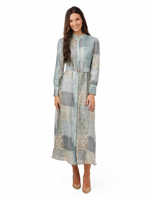 Blue Patchwork Dress With Belt