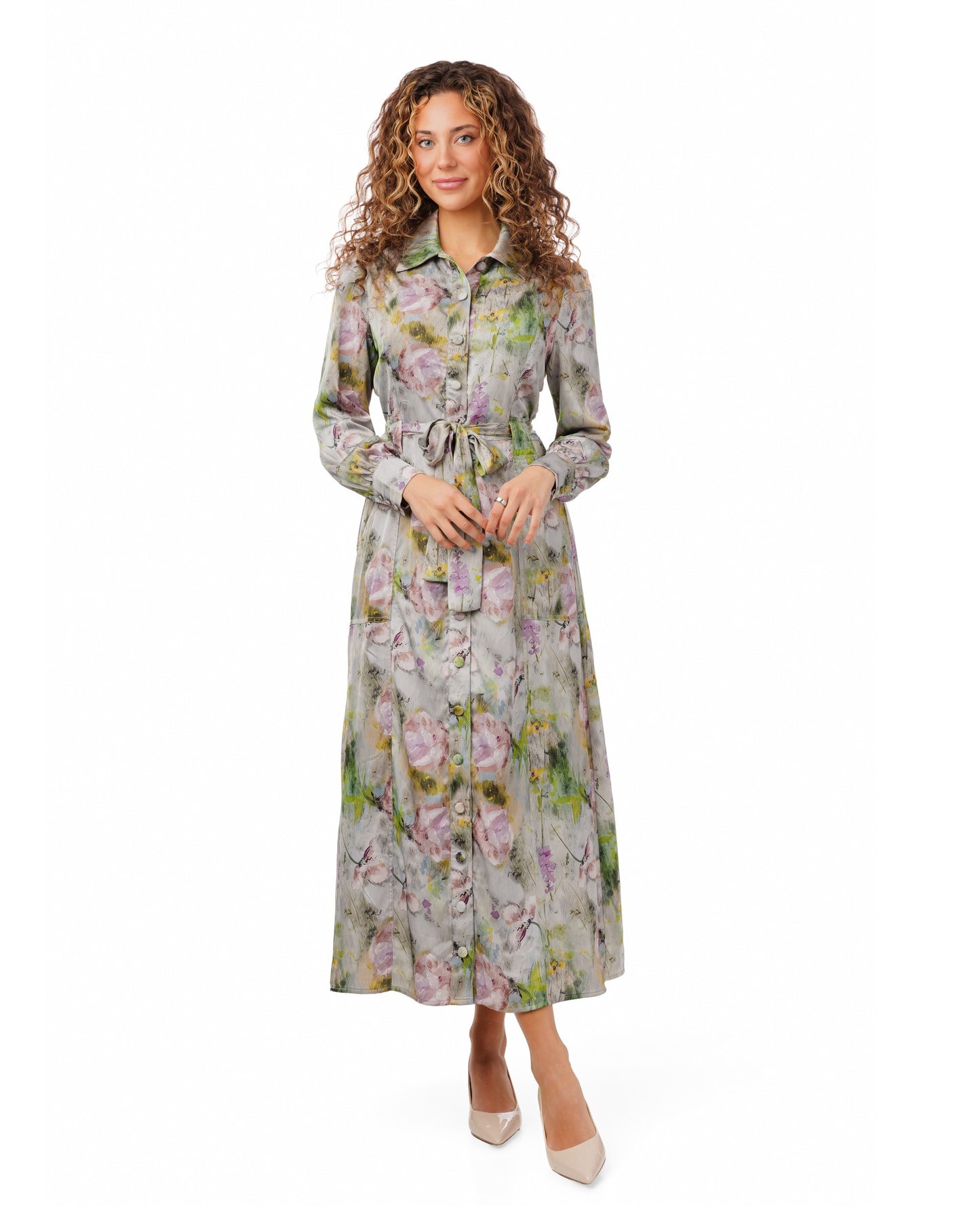 Grey Floral Satin Dress With Belt