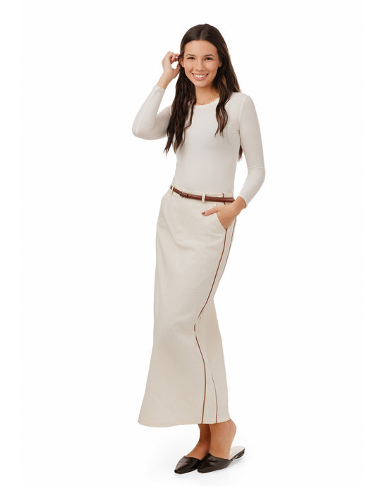 Denim Skirt With Brown Stitching And Belt - Ivory