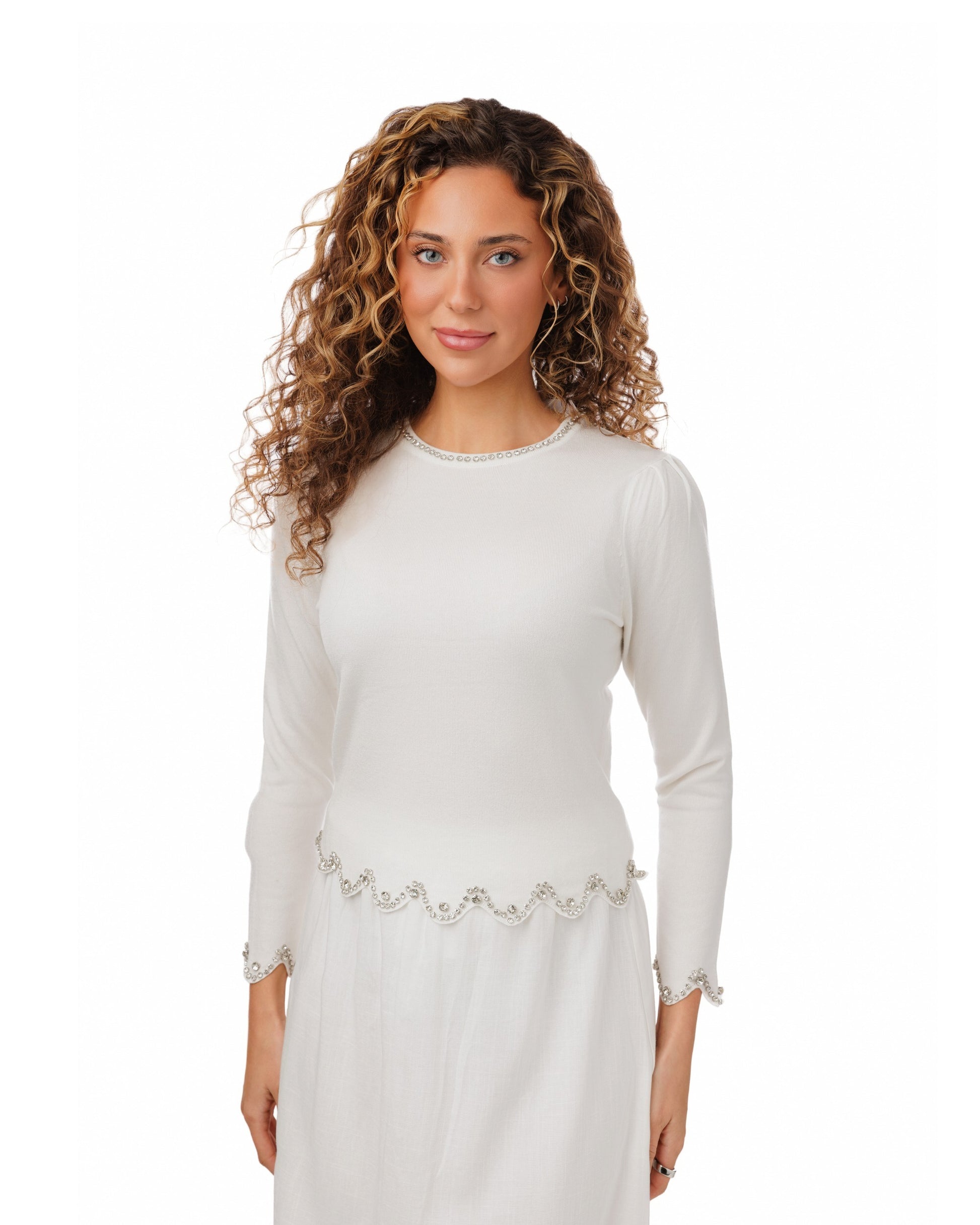 Knit Top With Beaded Cuff And Neckline - White