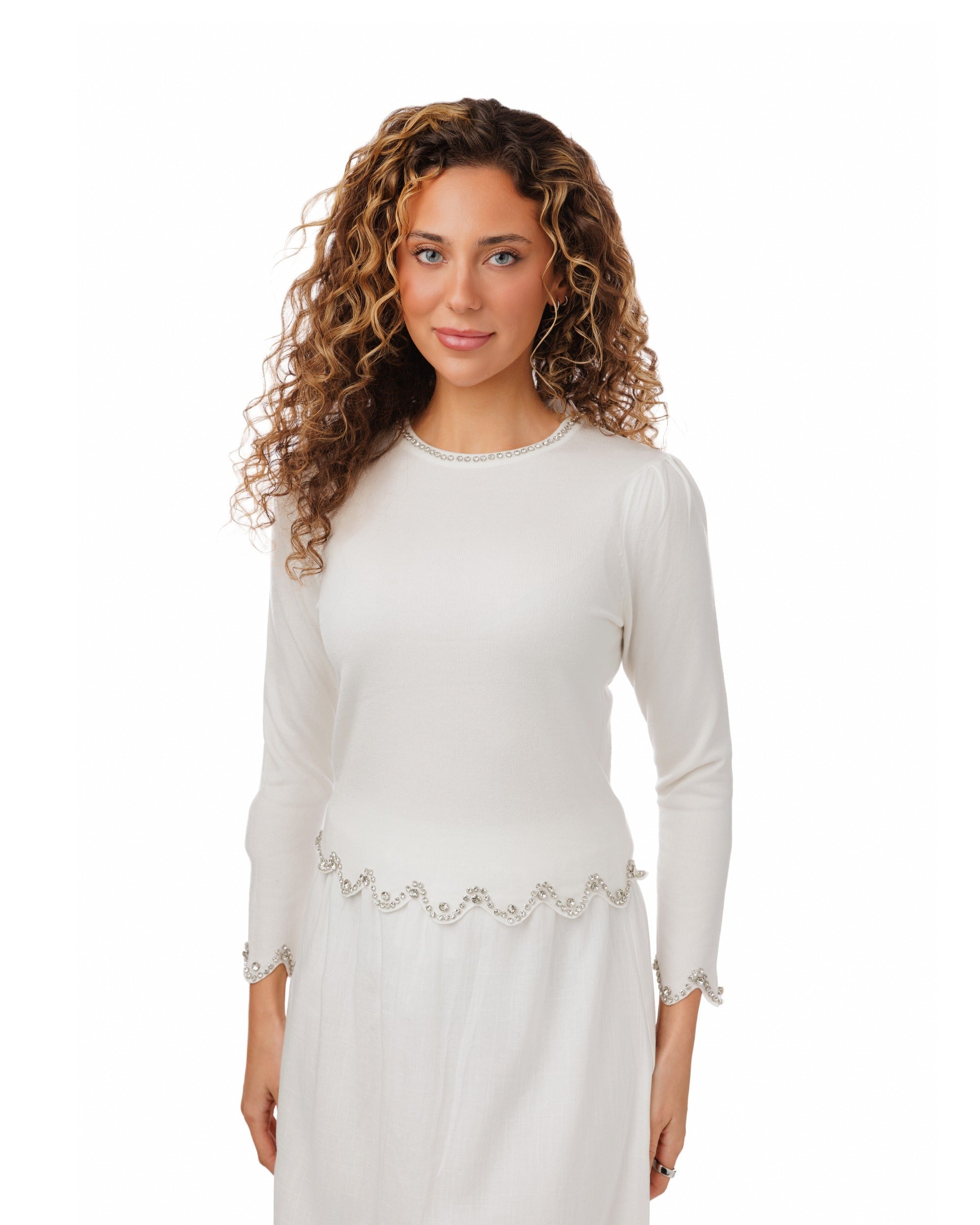 Knit Top With Beaded Cuff And Neckline - White