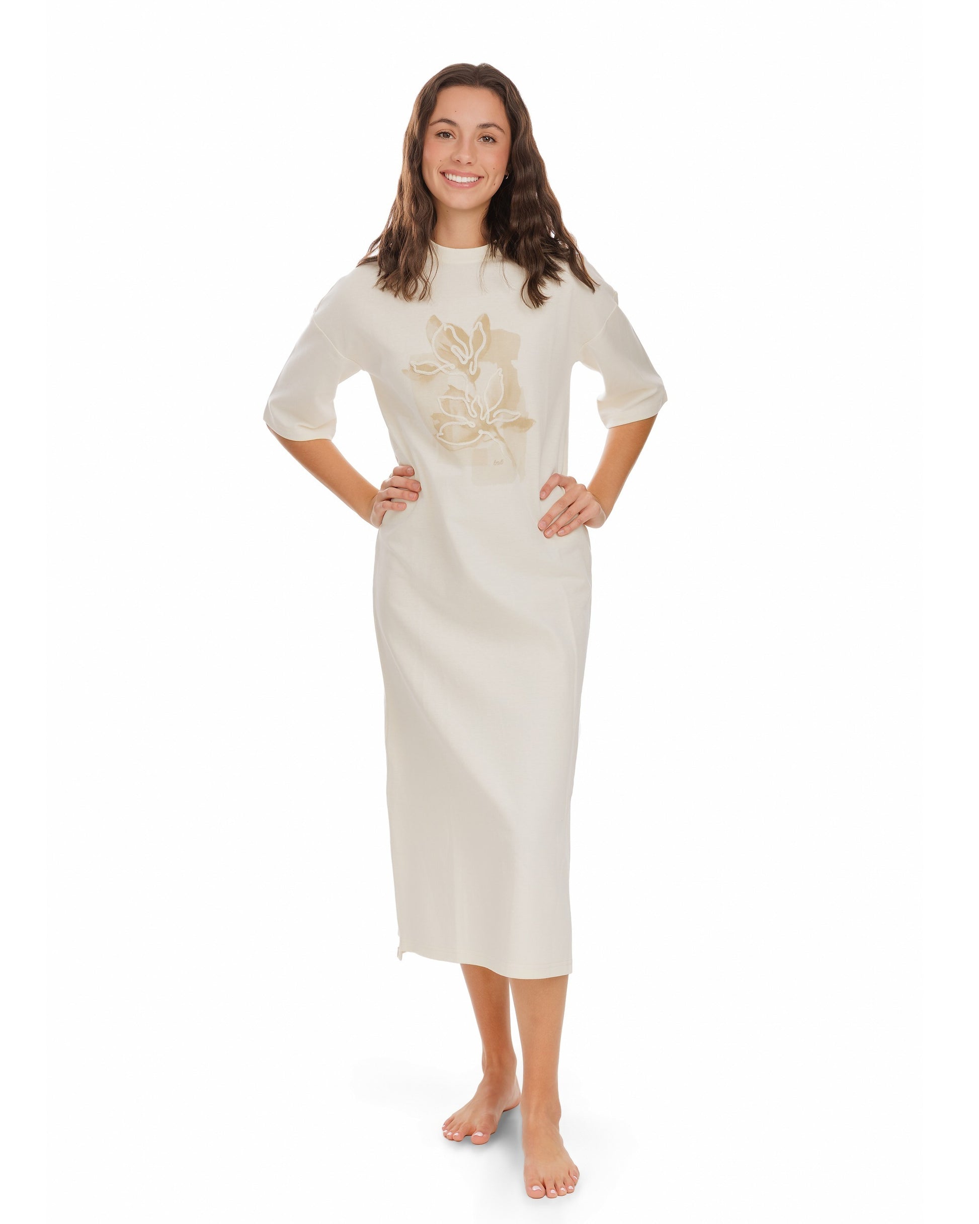 Graphic Embordered Box Tee Dress - Cream