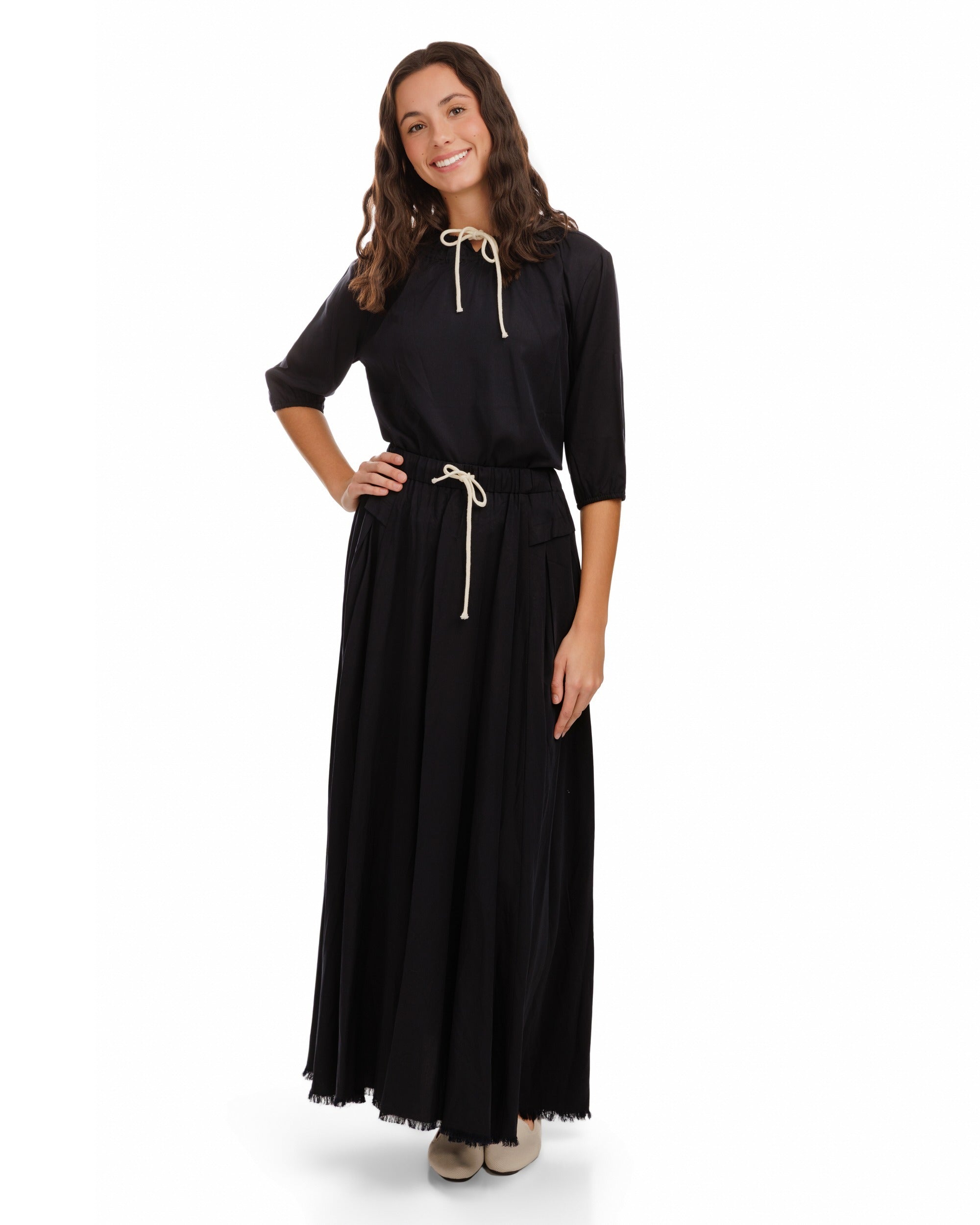 Drawstring Neckline Top- Midnight
