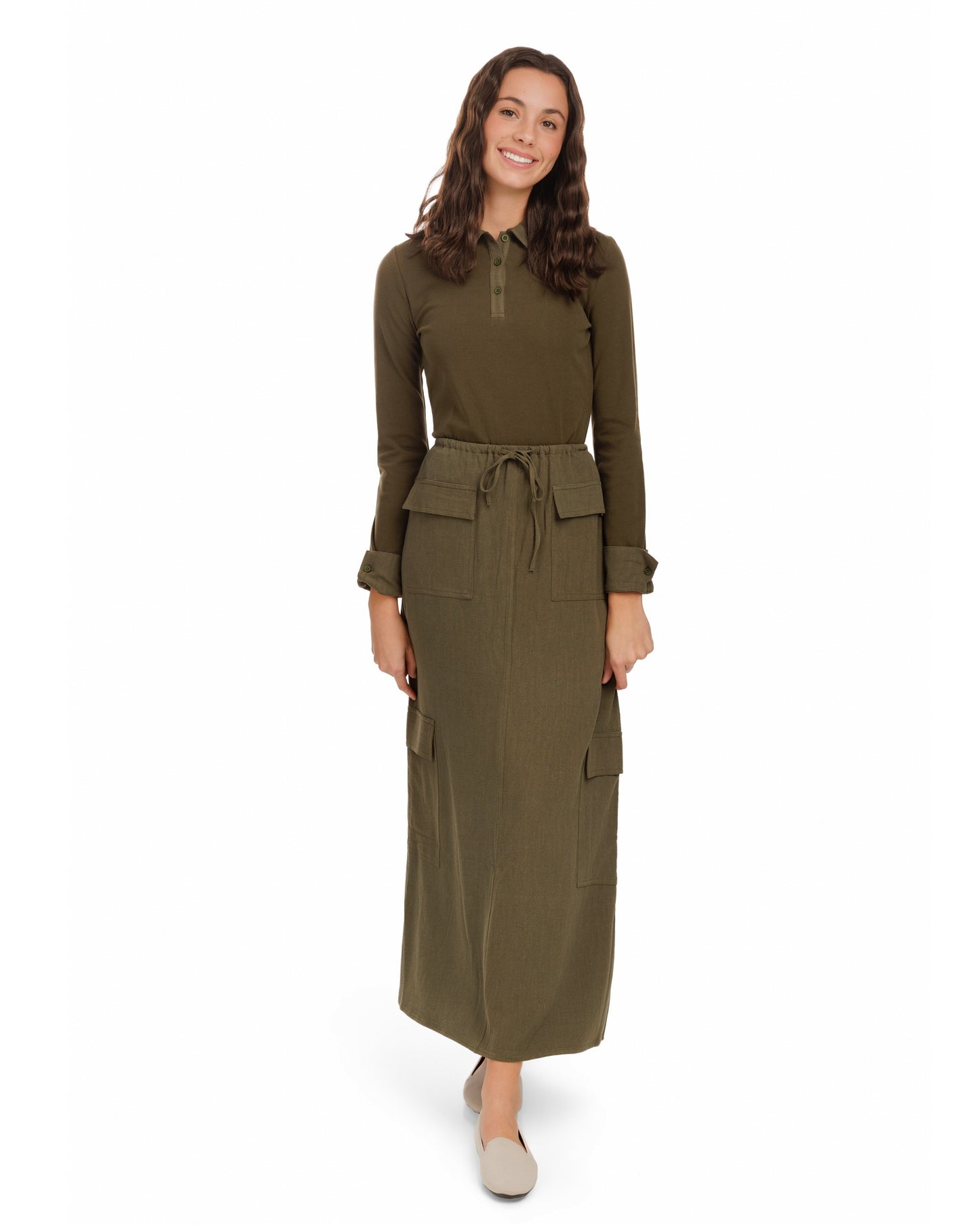 Linen Drawstring Pocket Skirt - Green Moss