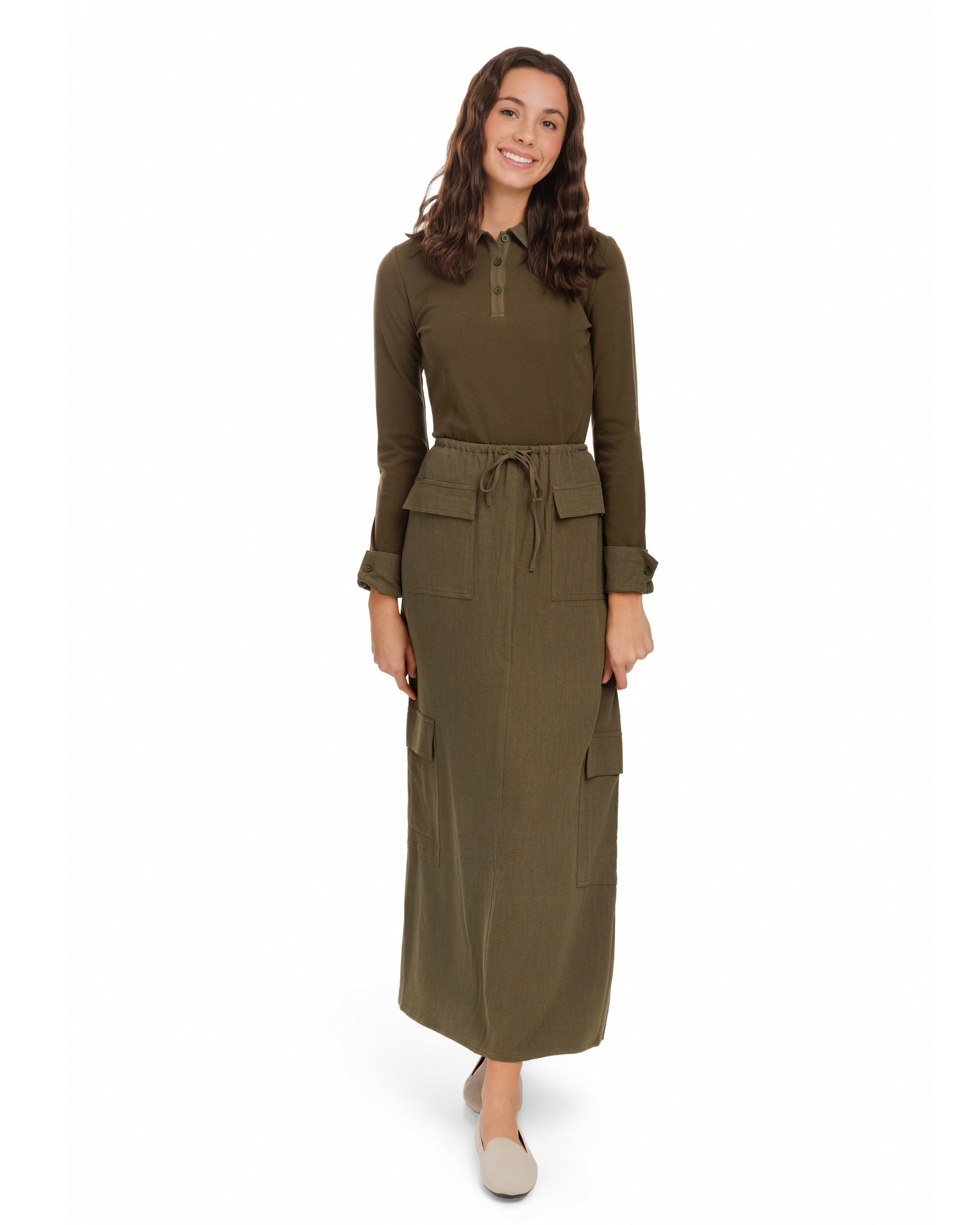 Linen Drawstring Pocket Skirt - Green Moss