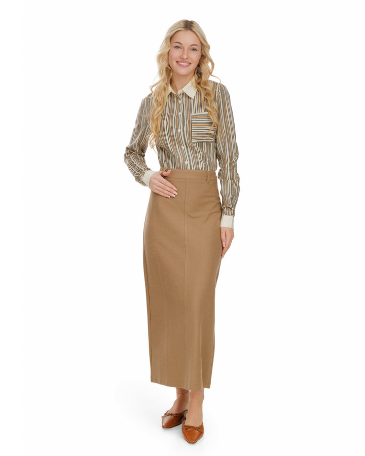 Solid Collar Striped Blouse -Sand
