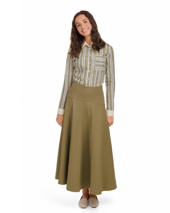 Solid Collar Striped Blouse - Green Moss