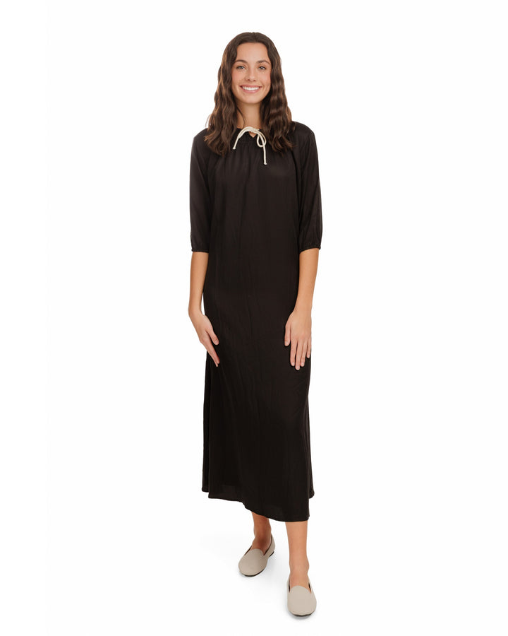 Linen Drawstring Neckline Dress - Black