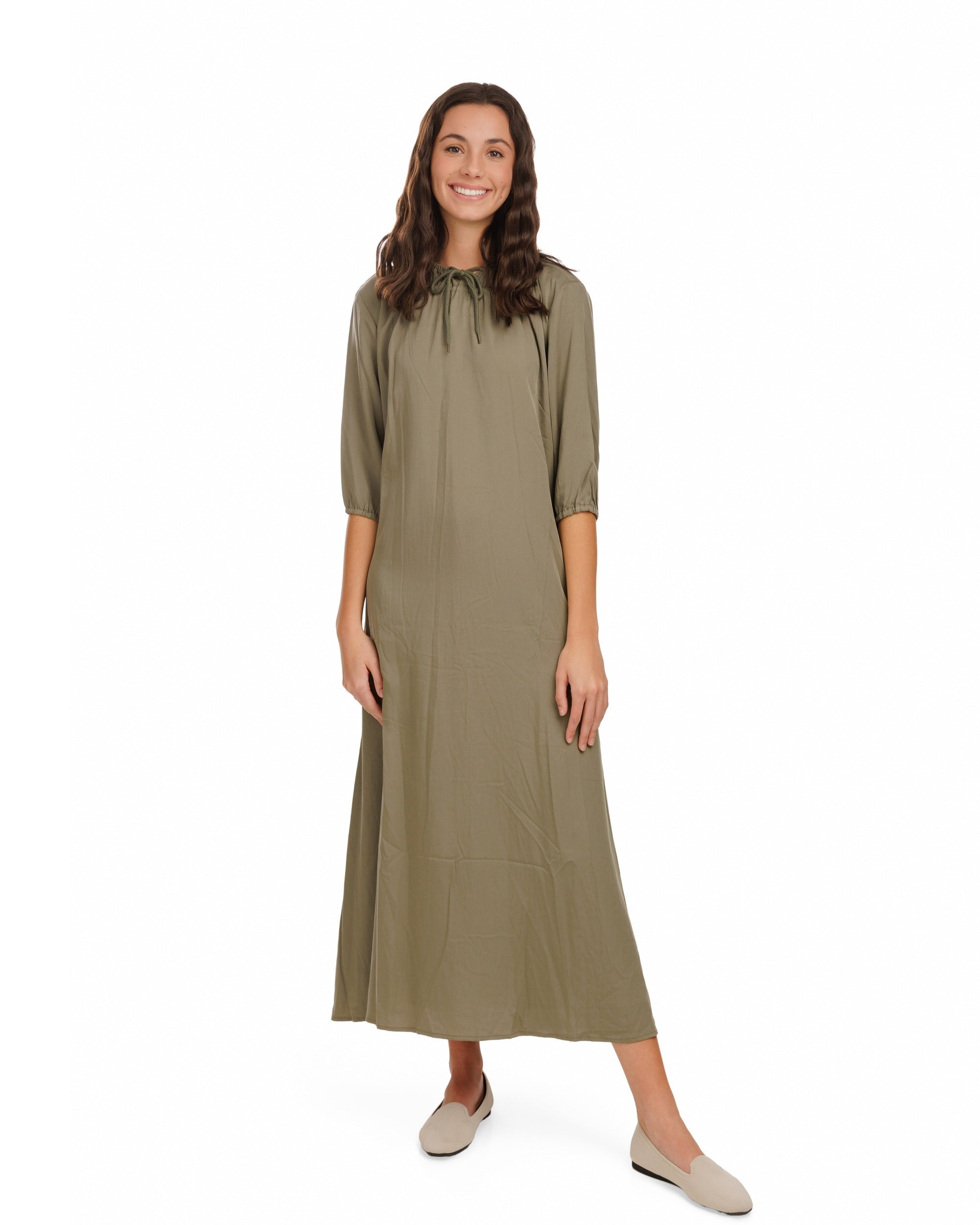 Linen Drawstring Neckline Dress - Green