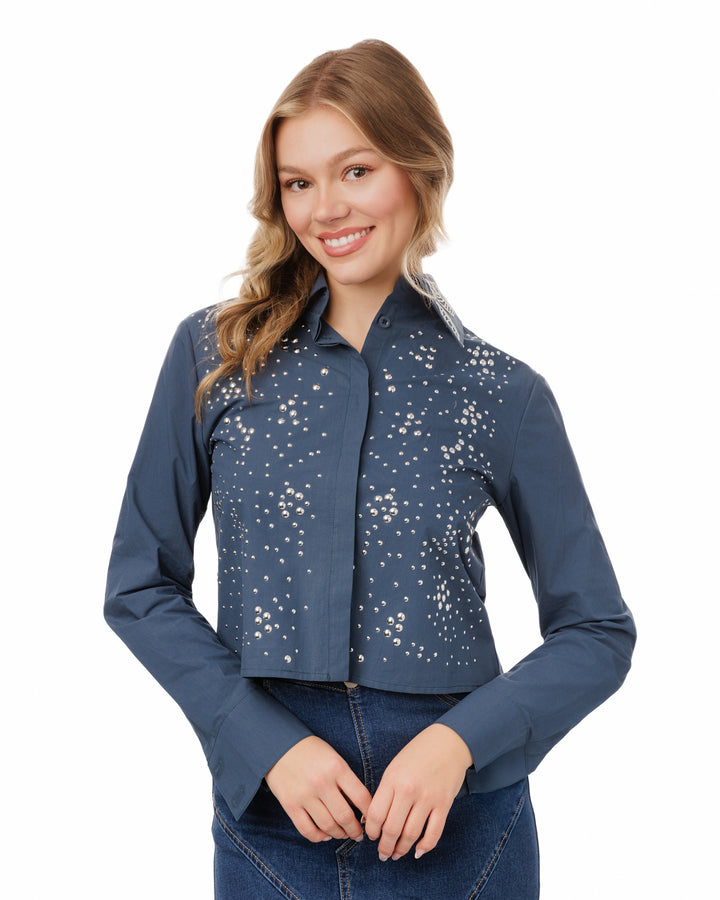 Blue Blouse With Silver Beaded Design