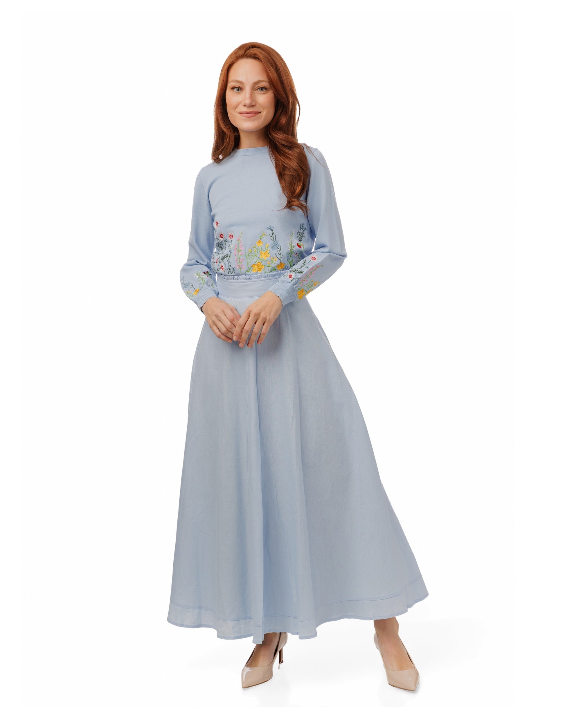 Light Blue Embroidered Floral Knit Top