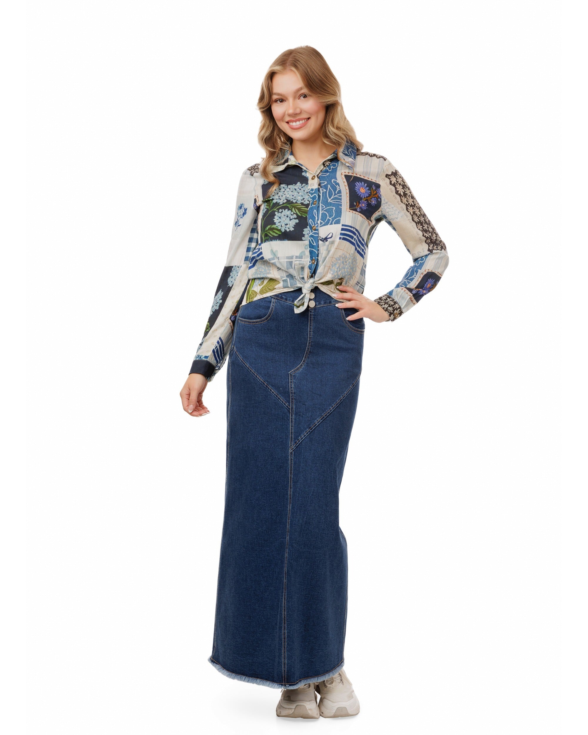 Blue Floral Patchwork Printed Blouse