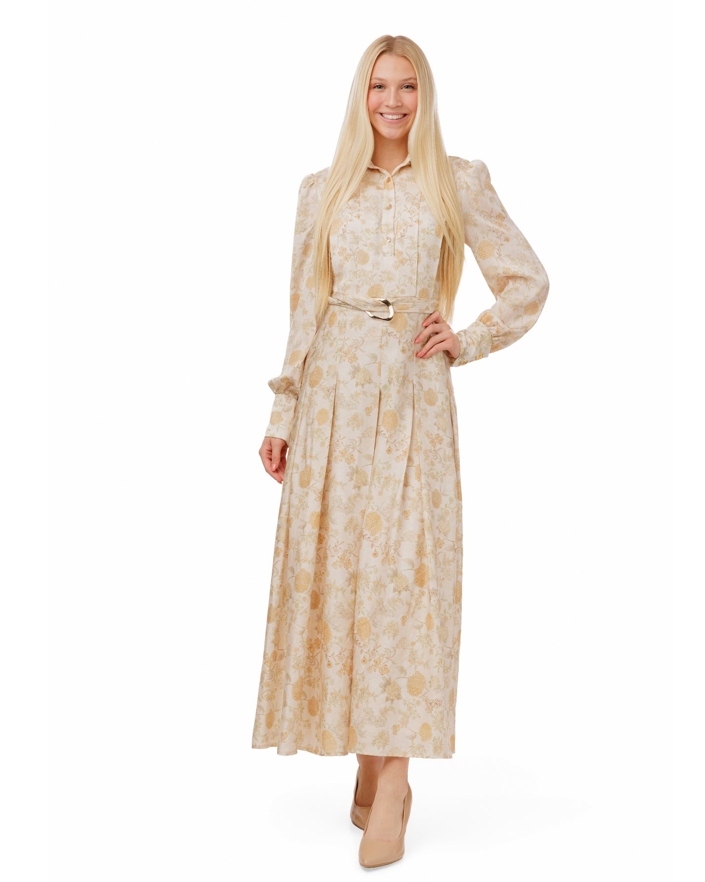 Yellow Floral Printed Pleated Dress With Detail