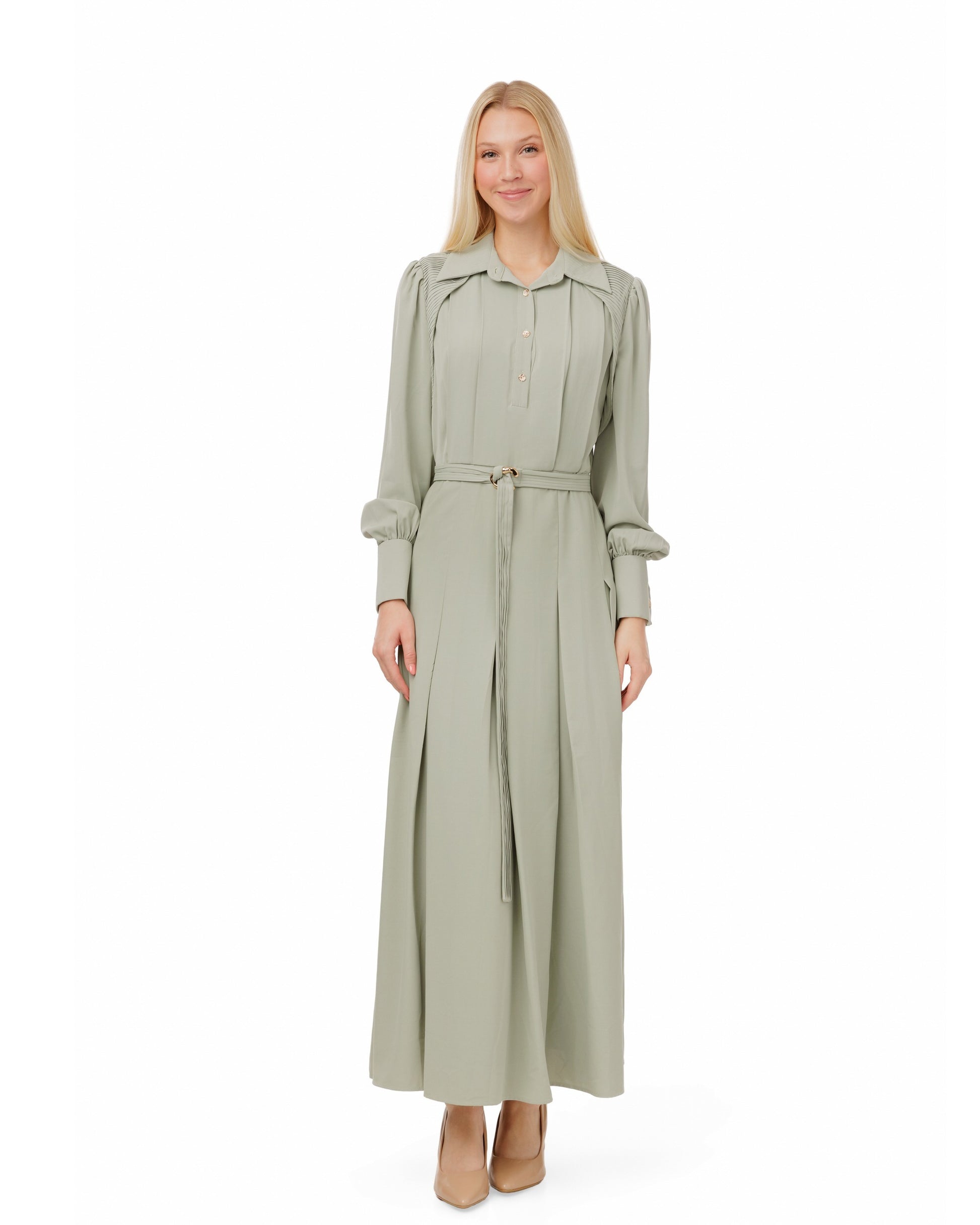 Pleated Dress With Details - Mint Green