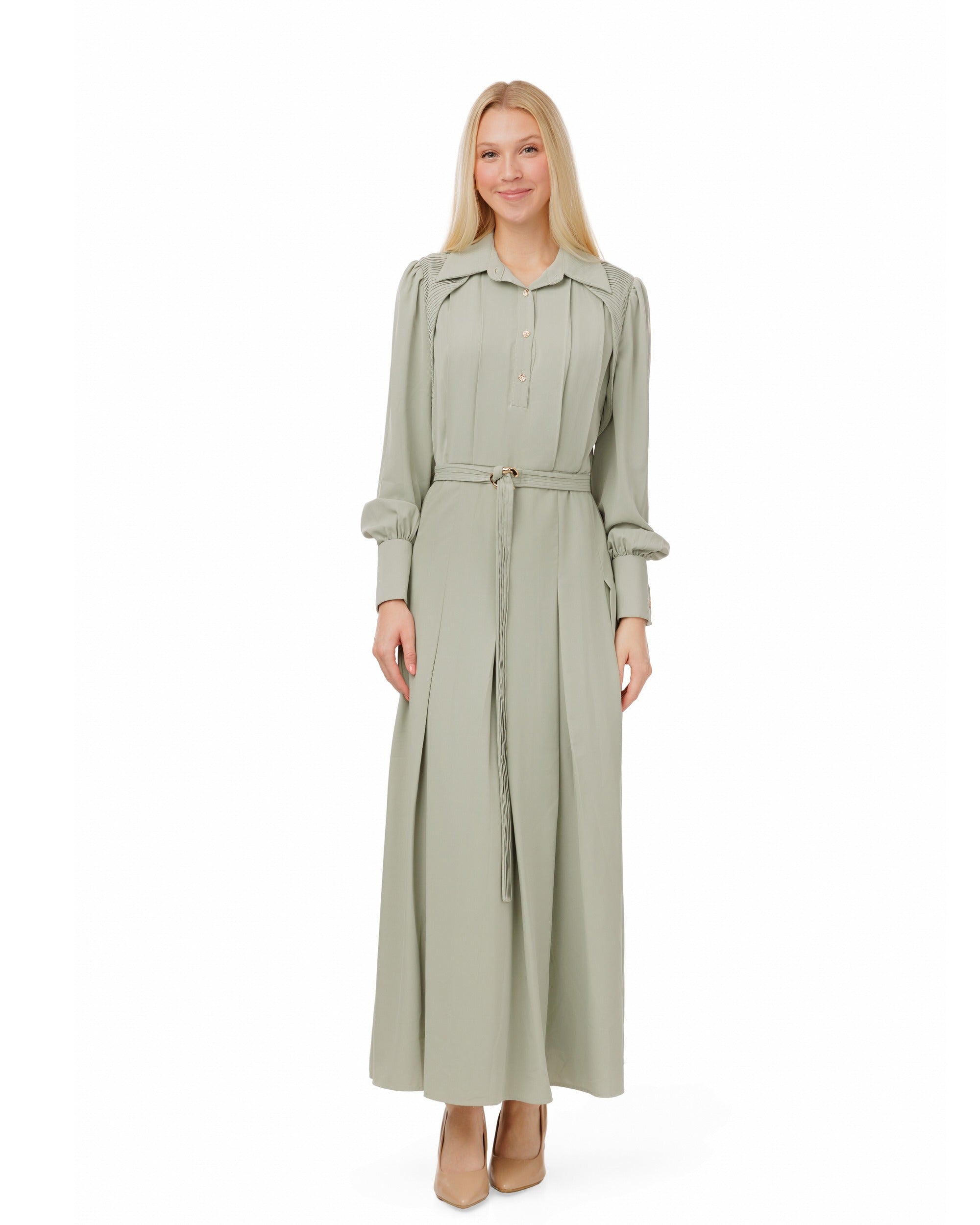 Pleated Dress With Details - Mint Green
