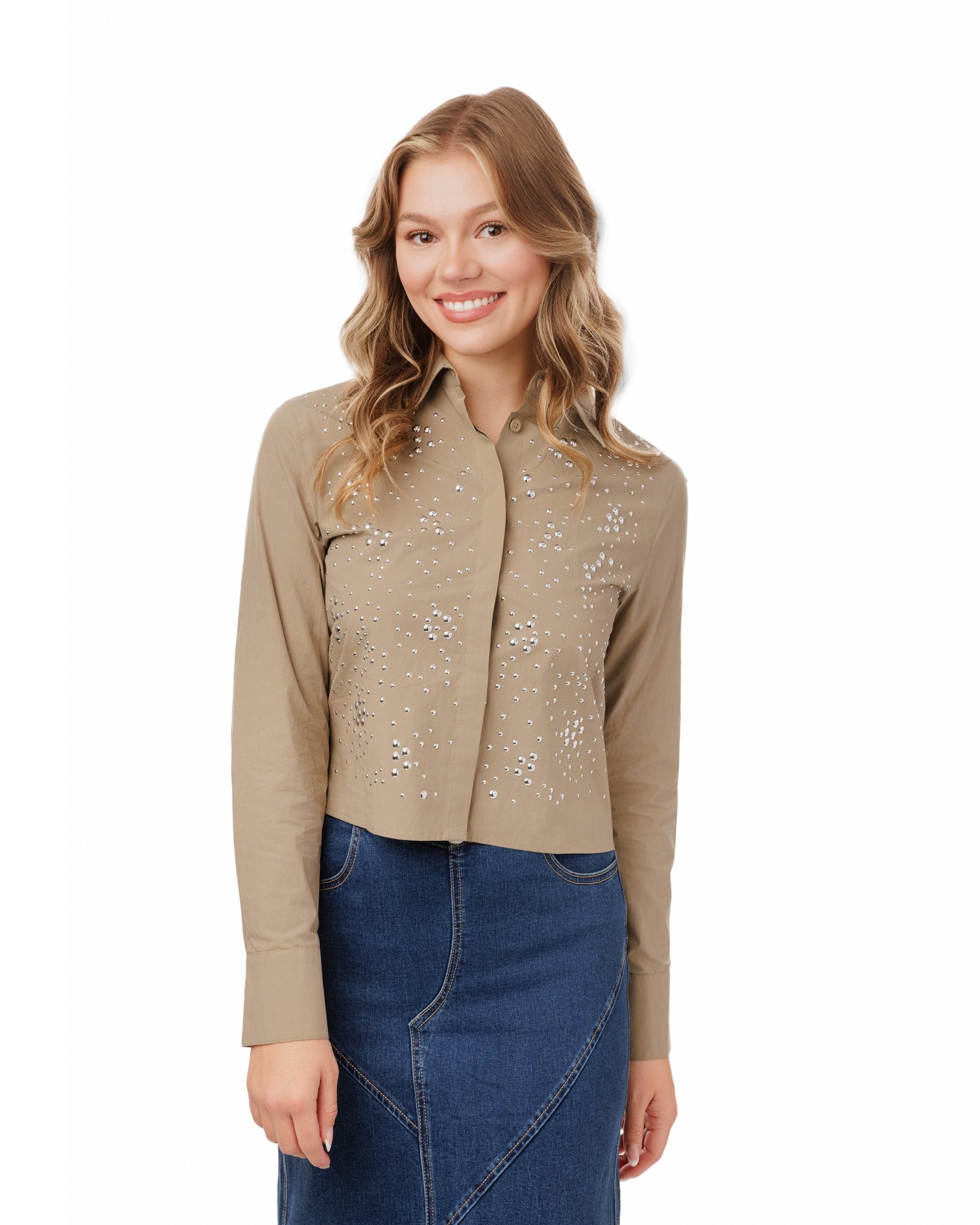 Tan Blouse With Silver Beaded Design