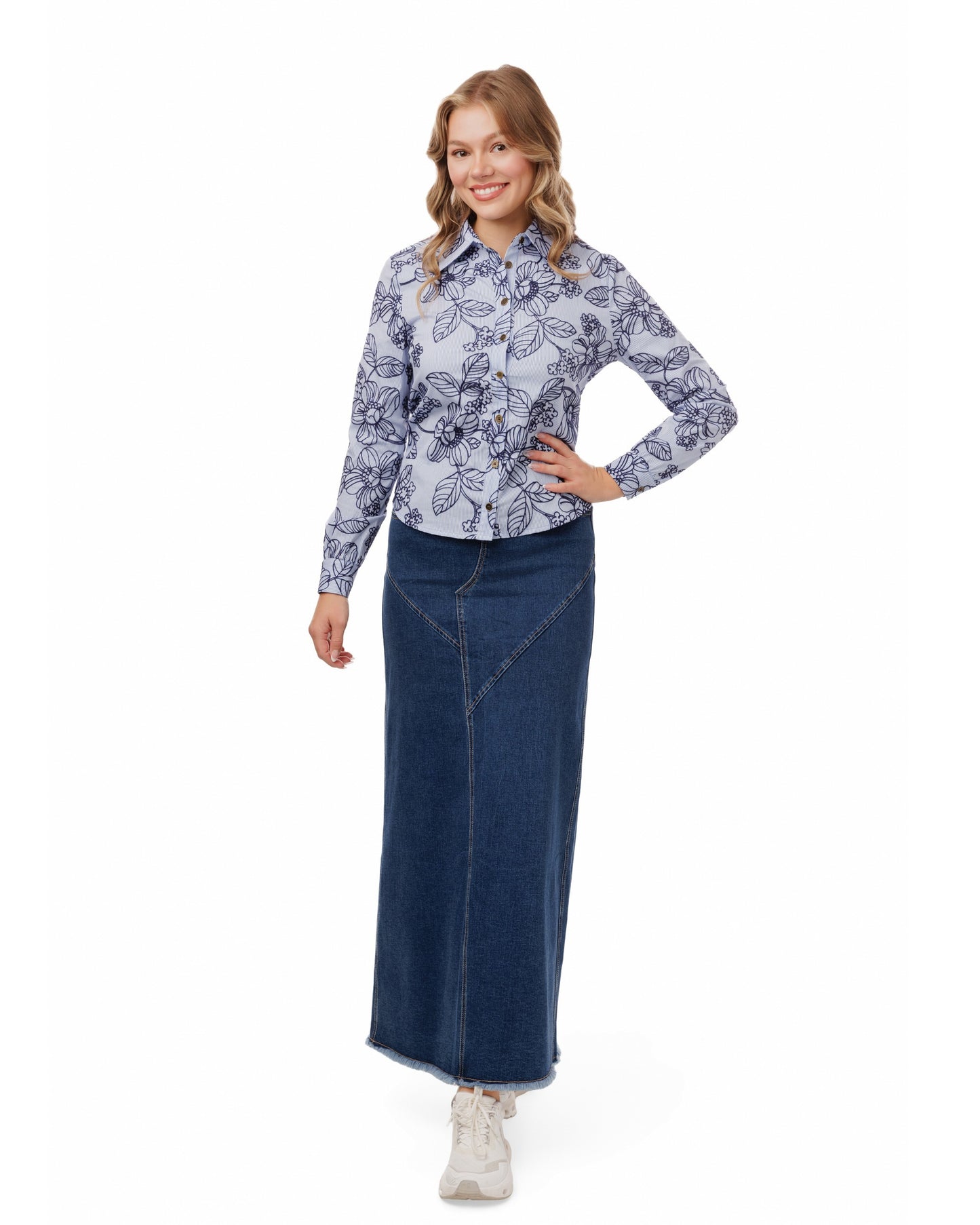 Blue Striped Blouse With Floral Embroidery - Navy