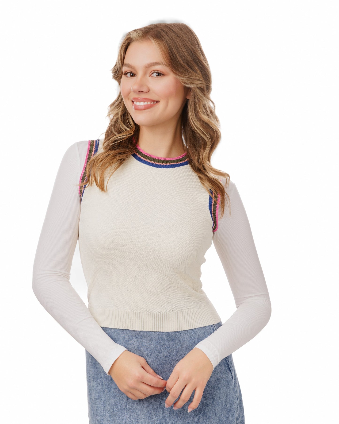 Ivory Vest With Colorful Armholes And Neckline