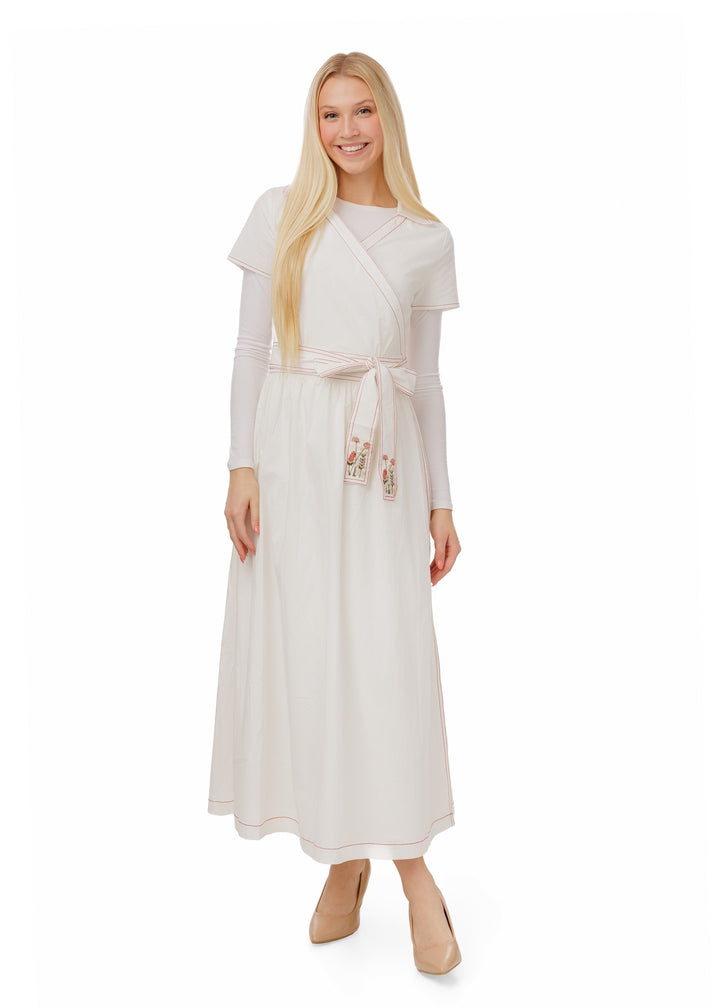Cotton Jumper with Embroidered Belt - White
