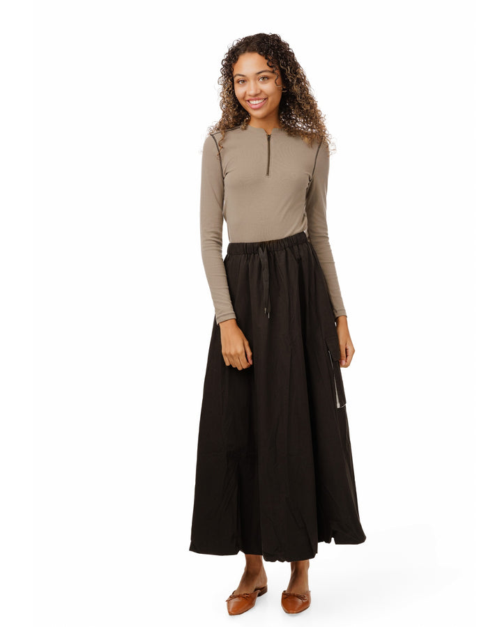 Bubble Skirt With Black Drawstring And Cargo Pocket- Black