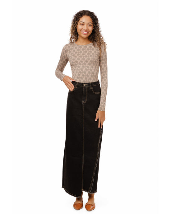 Side Frayed Denim Skirt - Black