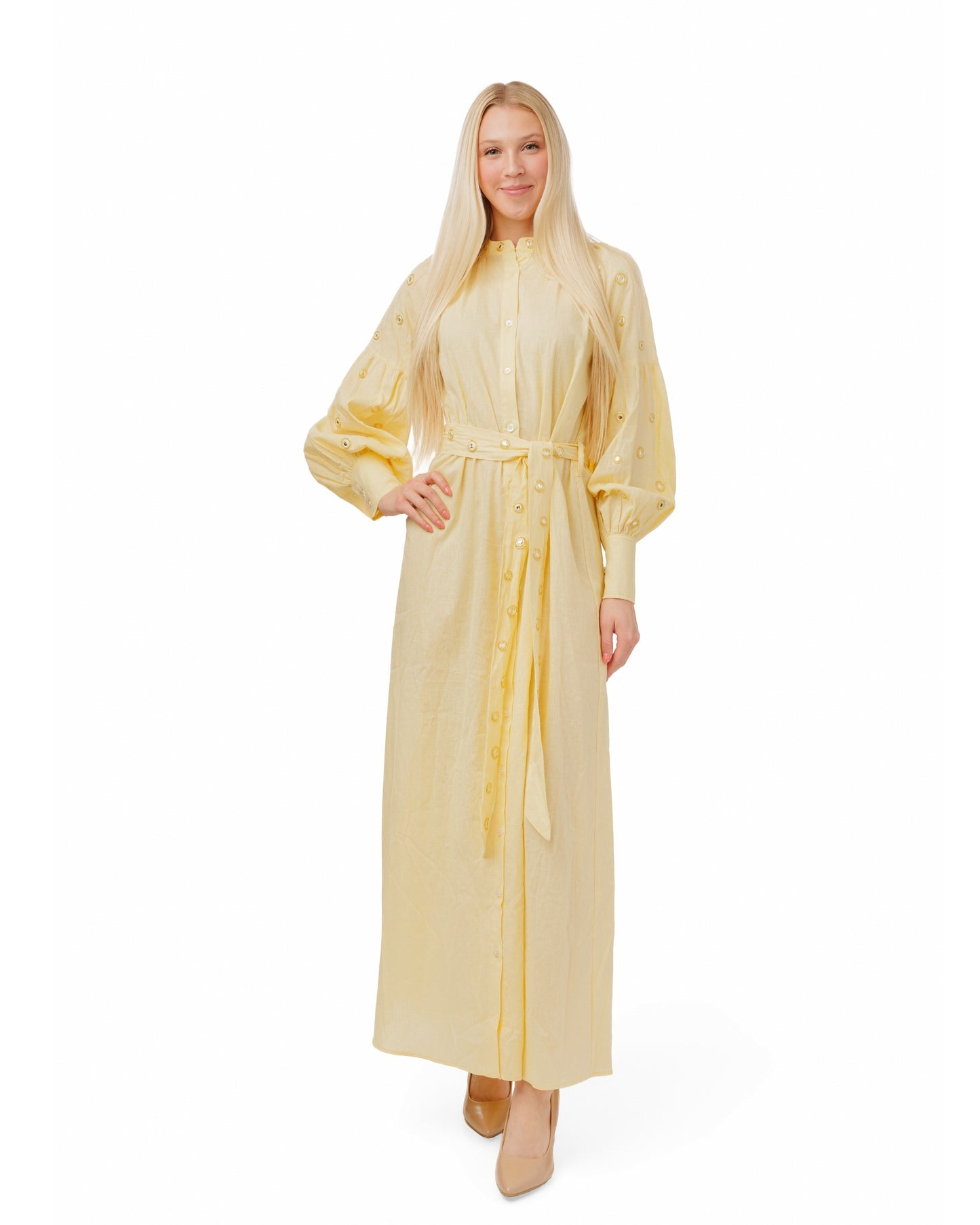 Yellow Cotton Dress With Mirror Detail