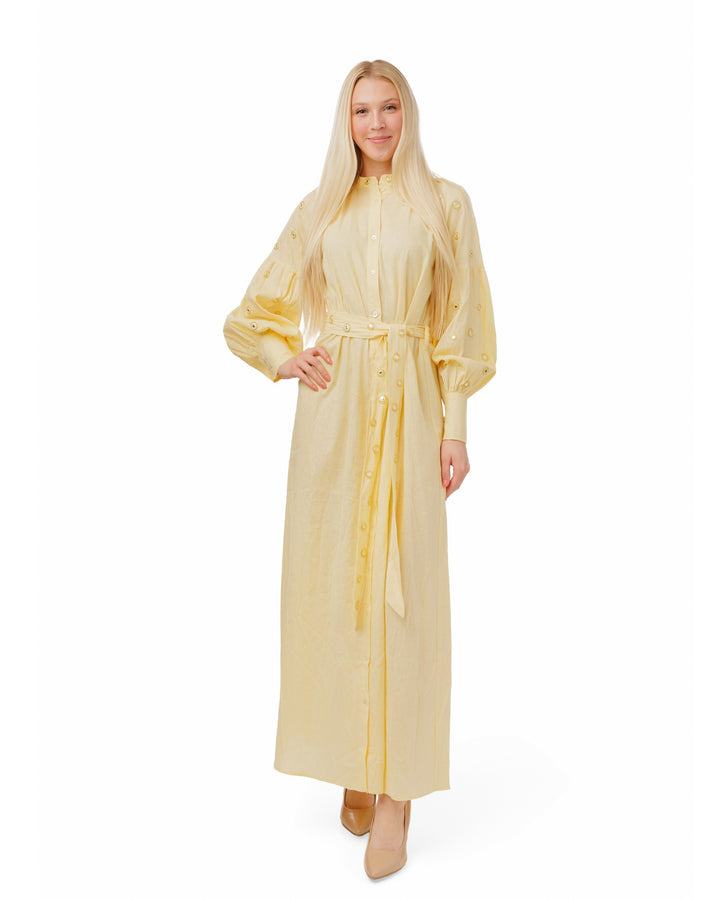 Yellow Cotton Dress With Mirror Detail