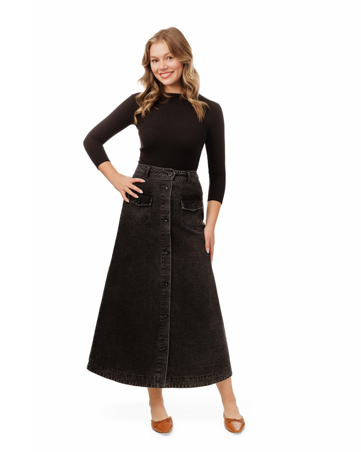 Black Denim Cargo Packet Skirt