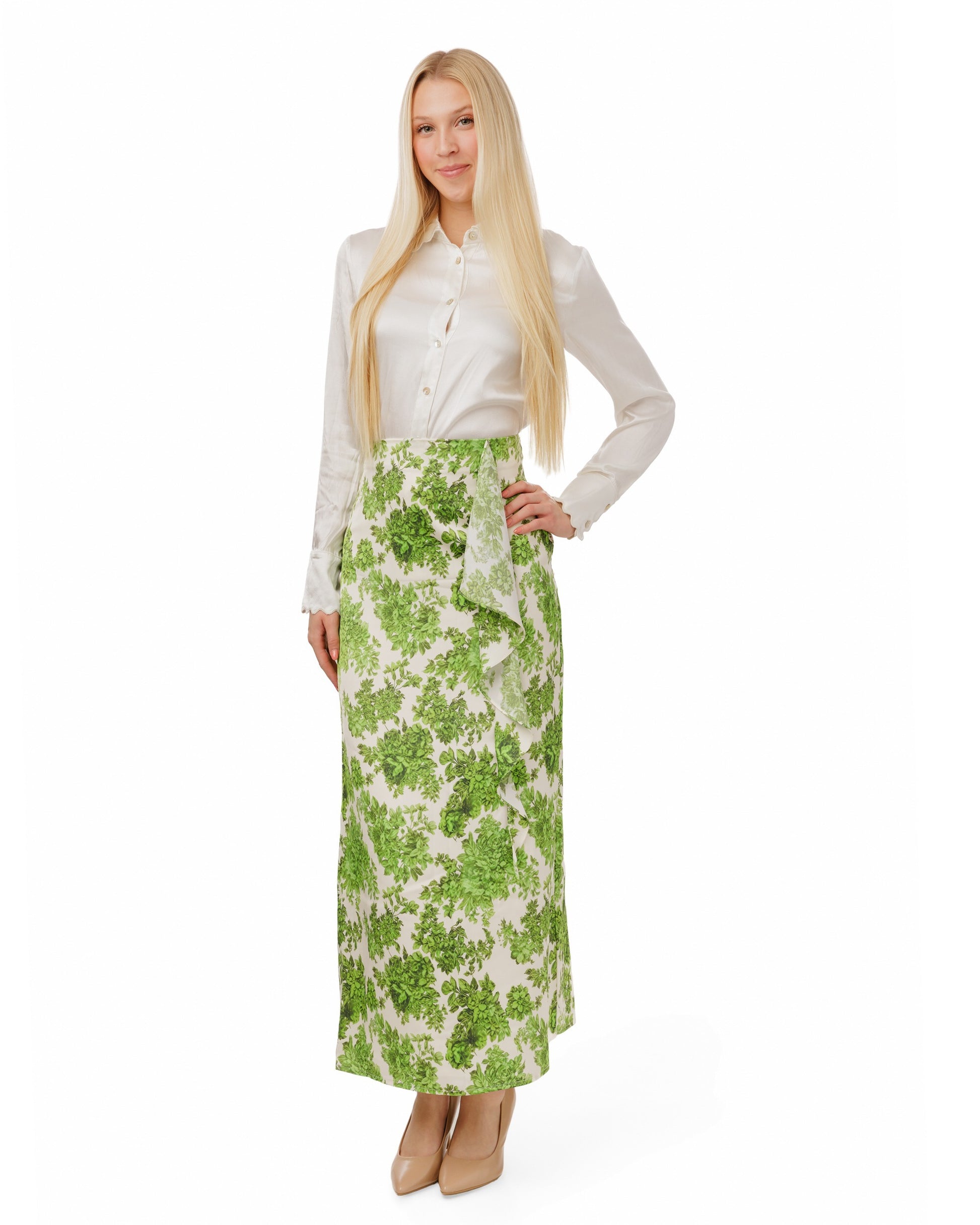 Green Floral Slip Skirt With Ruffle Detail