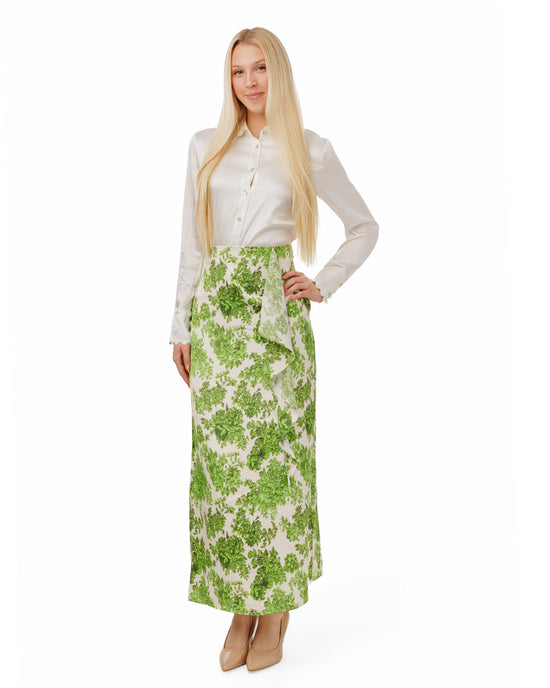 Green Floral Slip Skirt With Ruffle Detail