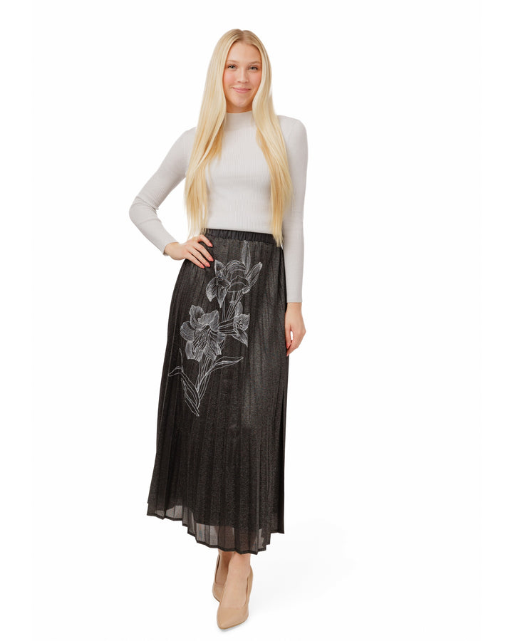 Black Shimmery Flower Pleated Skirt