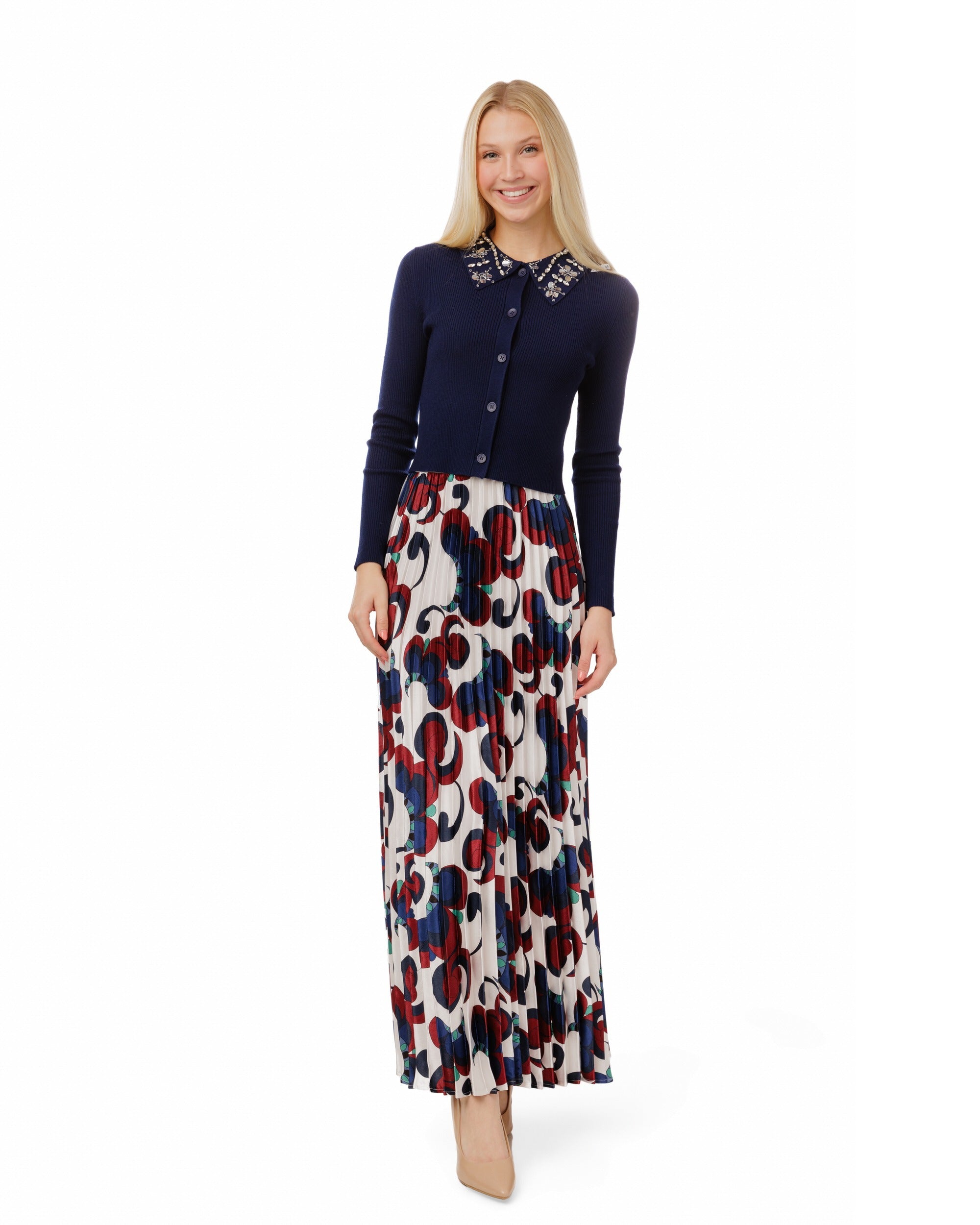 Blue And Burgundy Pleated Skirt