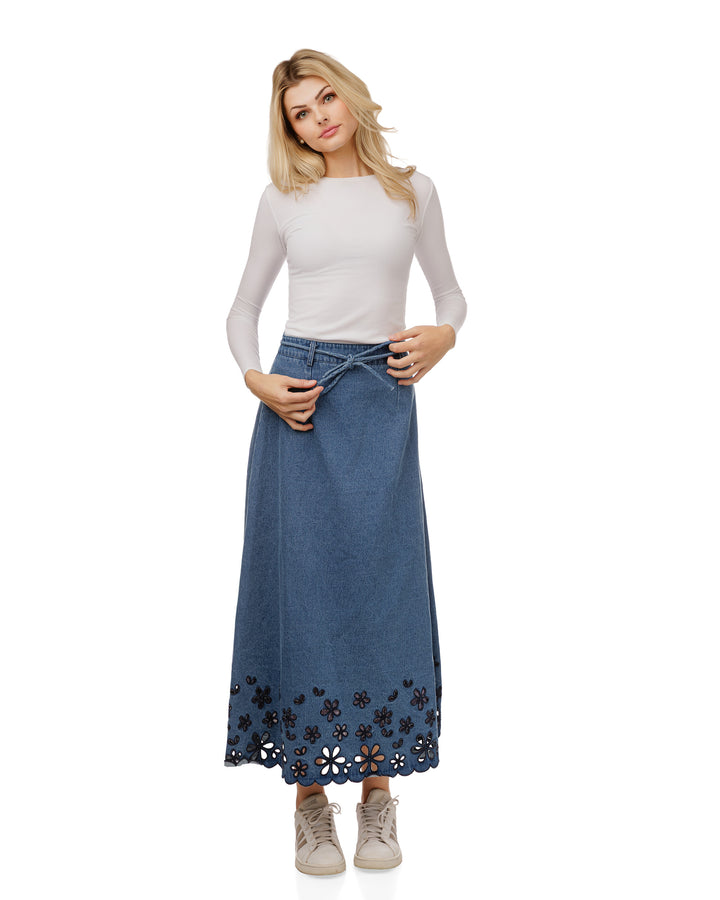 Blue Denim Skirt With Open Embroidery
