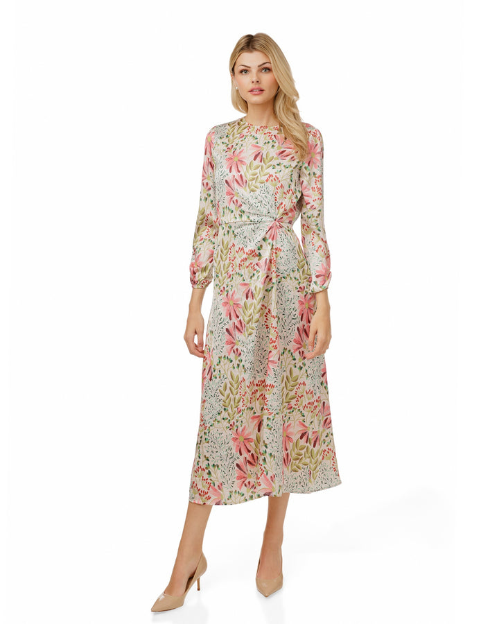 Floral Satin Dress With Knotted Waist