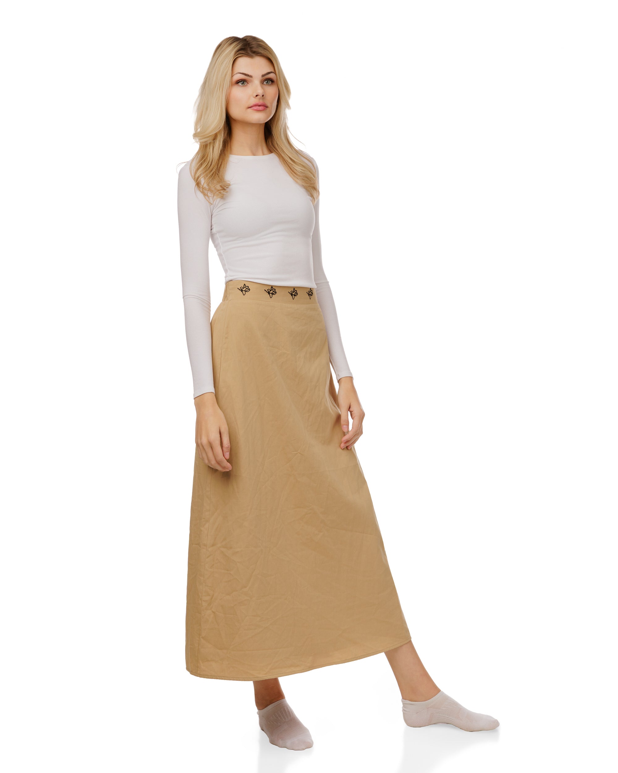 Cotton Skirt With Embroidered Waistband - Tan