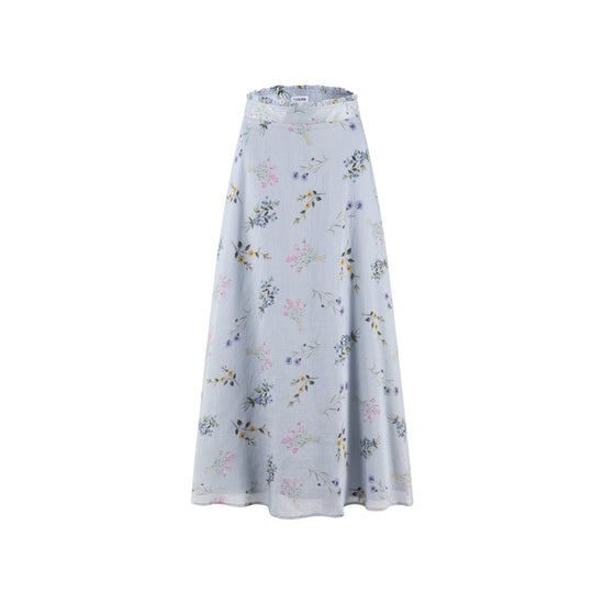 Light Blue Printed Floral Chiffon Maxi Skirt