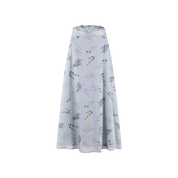 Light Blue Printed Floral Chiffon Maxi Skirt