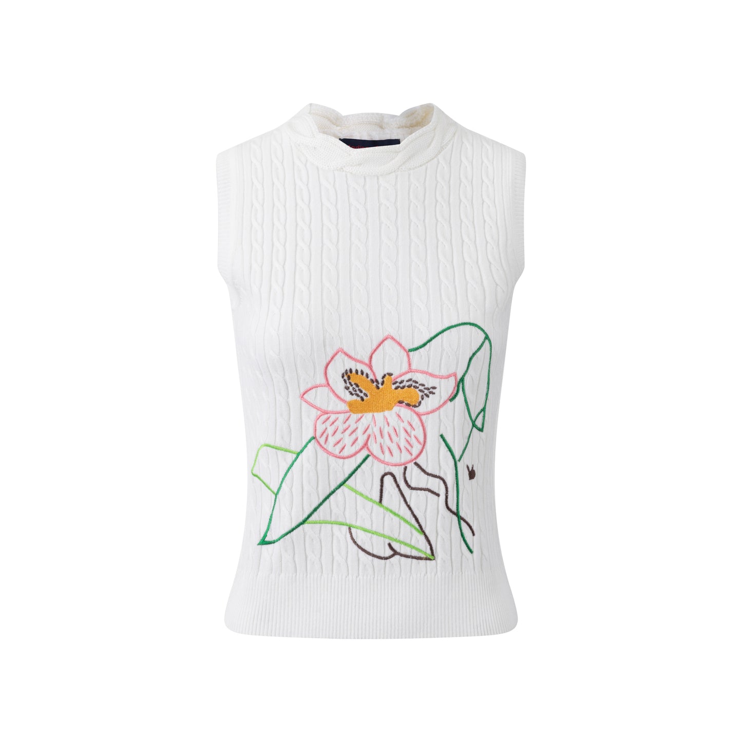 White Cable Knit Vest With Embroidery