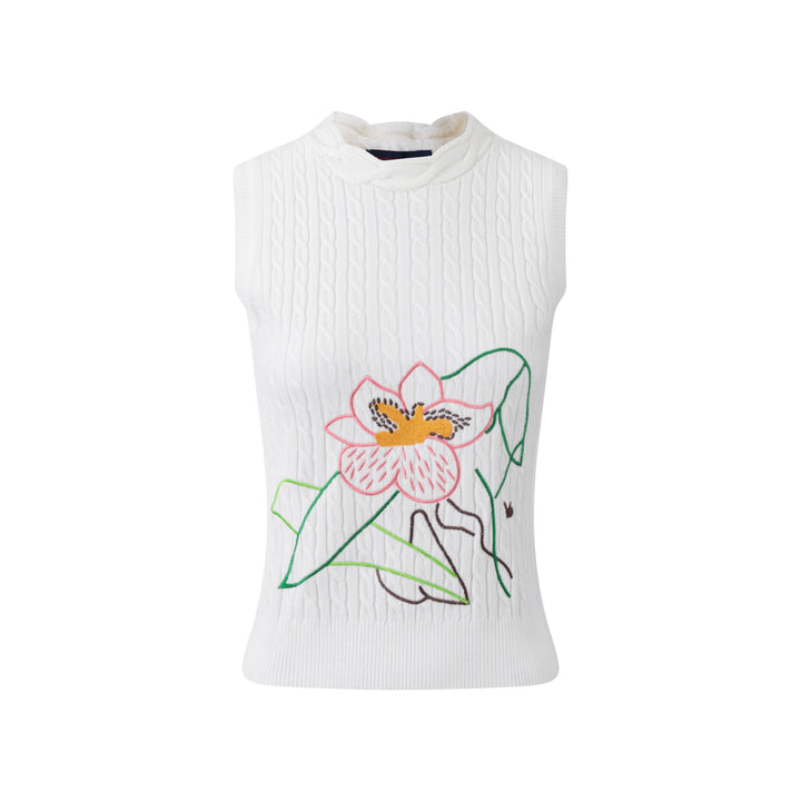 White Cable Knit Vest With Embroidery