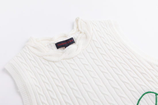 White Cable Knit Vest With Embroidery