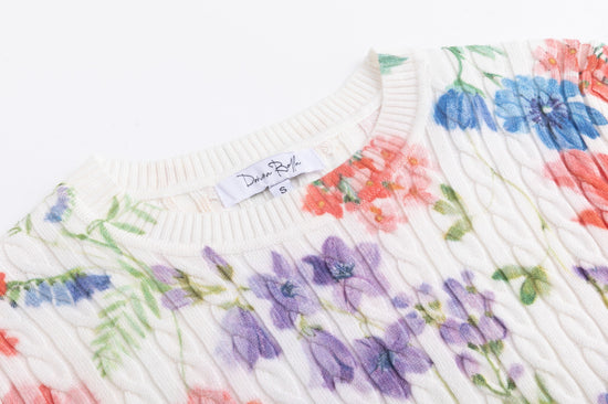 White Base Floral Cable Knit Top