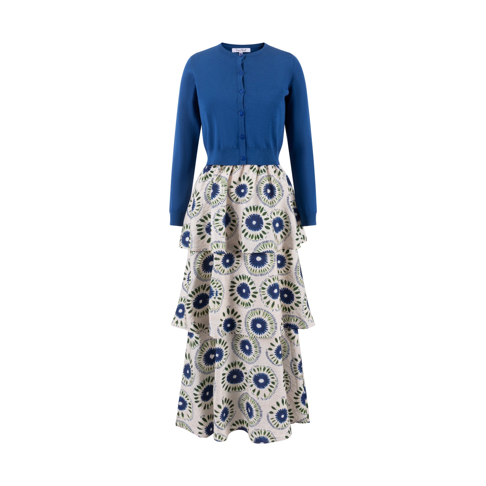 Blue And Green Printed Layered Jumper With Royal Blue Knit Cardigan