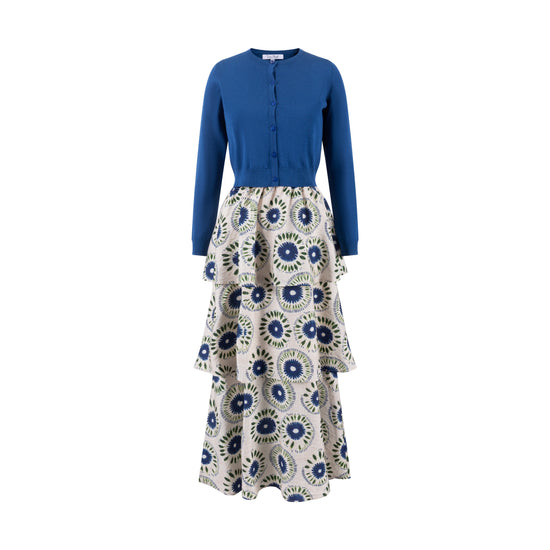 Blue And Green Printed Layered Jumper With Royal Blue Knit Cardigan